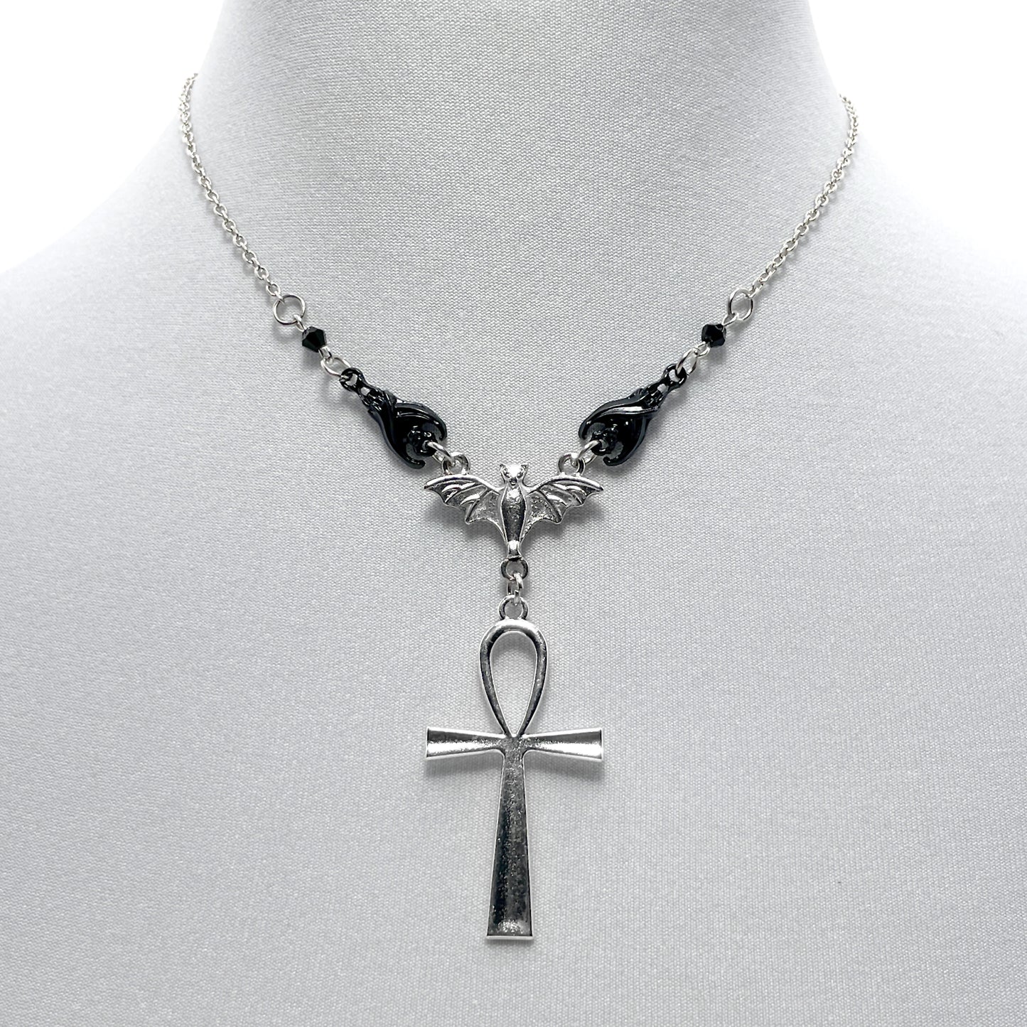 Silver and Black Three Bat Necklace with a Gothic Ankh
