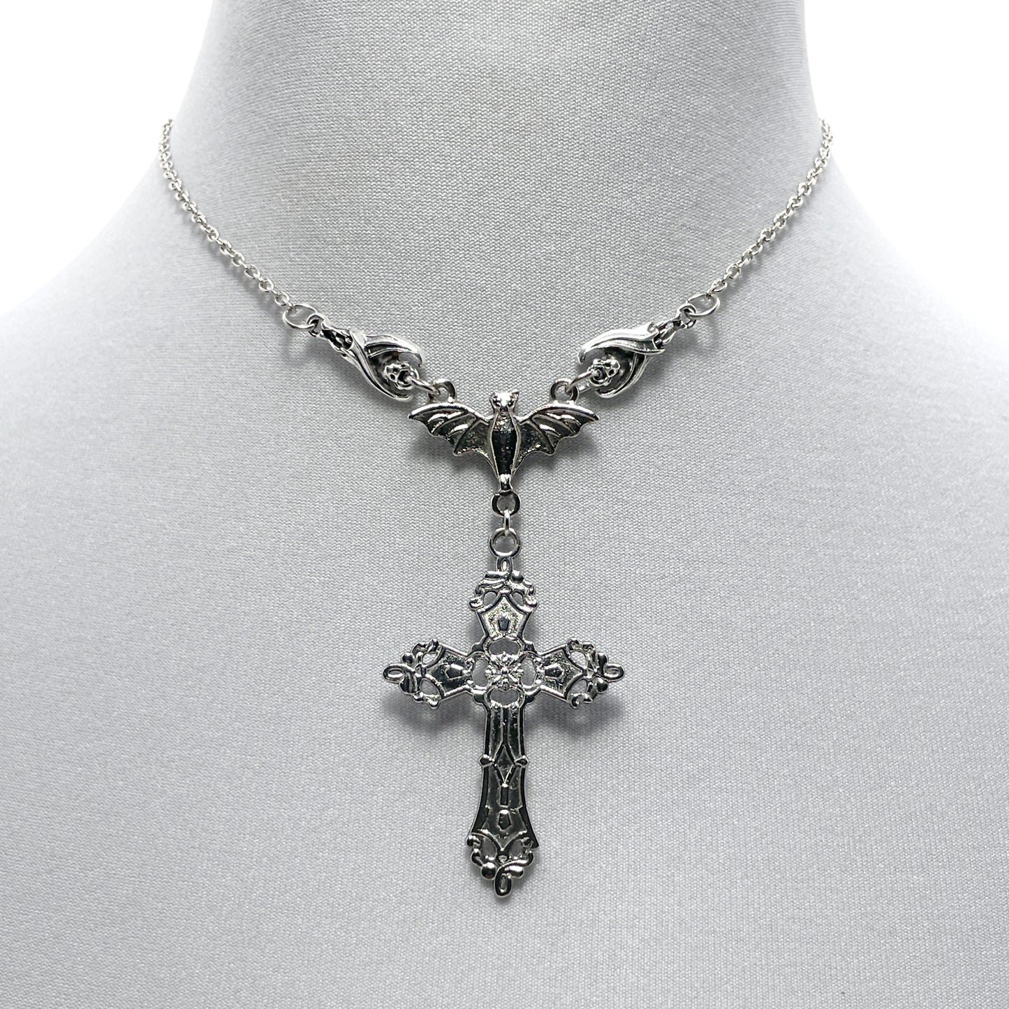 Silver Three Bat Necklace with a Victorian Gothic Cross