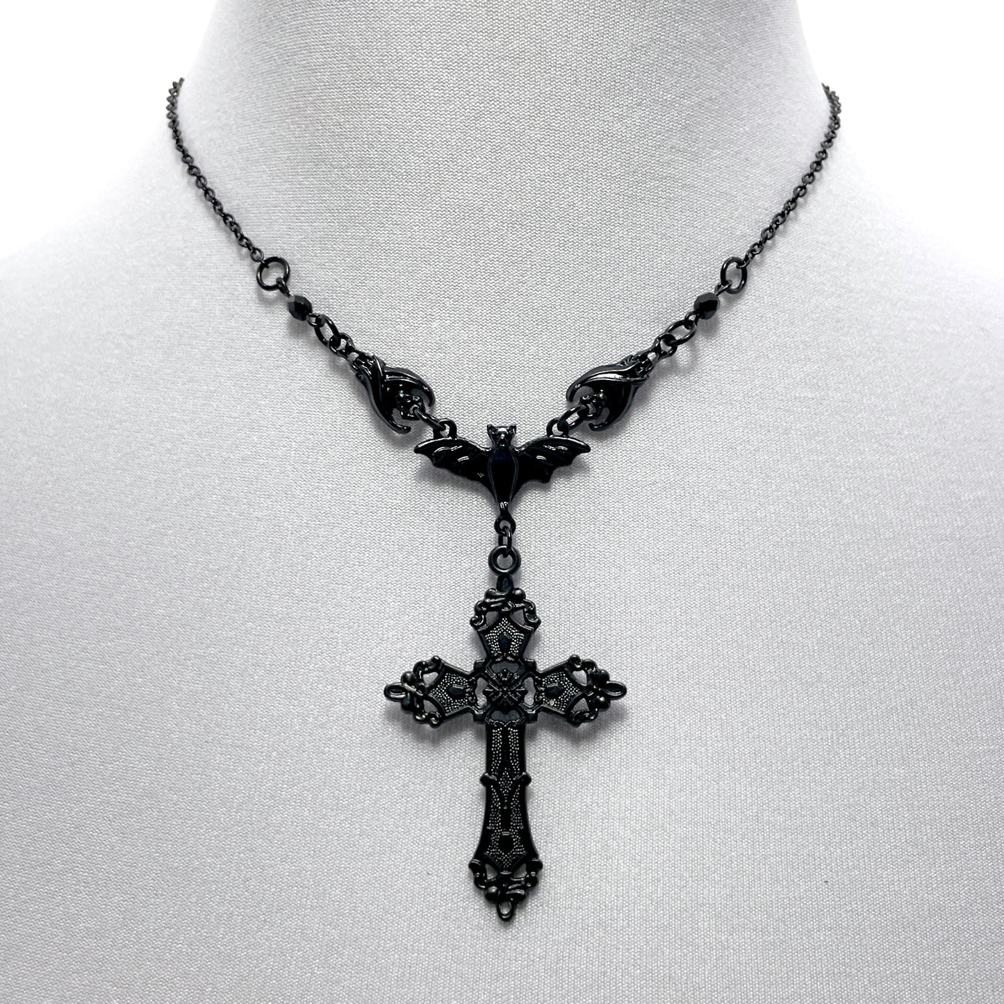 Black Three Bat Necklace with a Victorian Gothic Cross