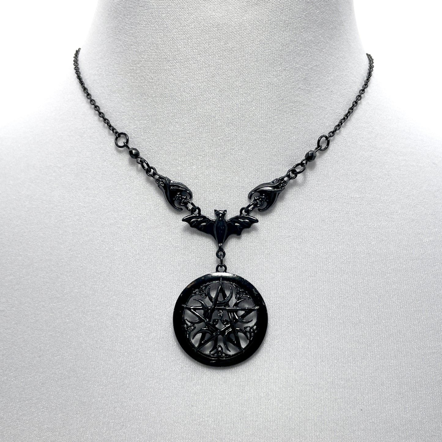 Black Three Bat Necklace with a Gothic Pentacle