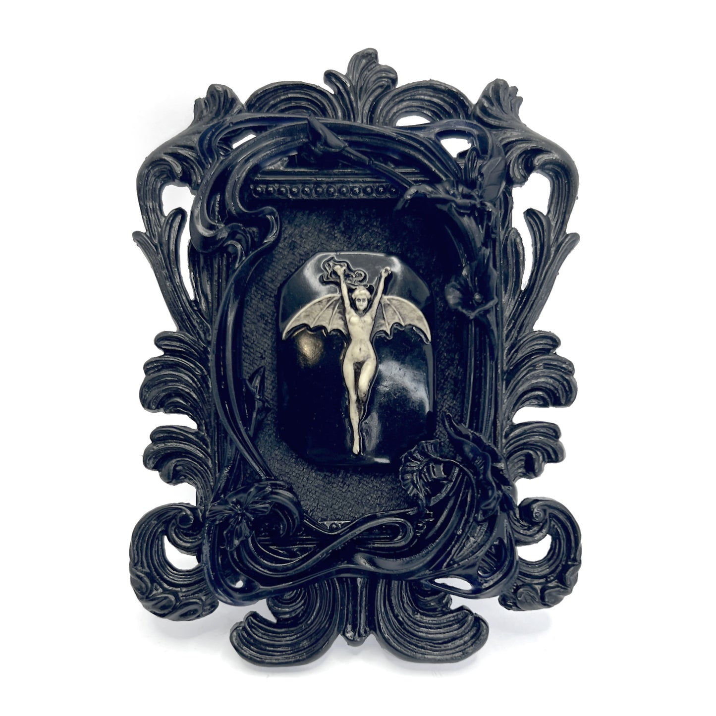 Small Black Resin Square Frame with Bat Woman on Black Velvet Gothic Home Deco