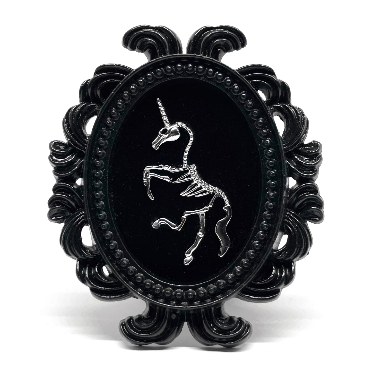 Small Black Resin Oval Frame with Silver Unicorn Skeleton on Black Velvet Gothic Home Deco