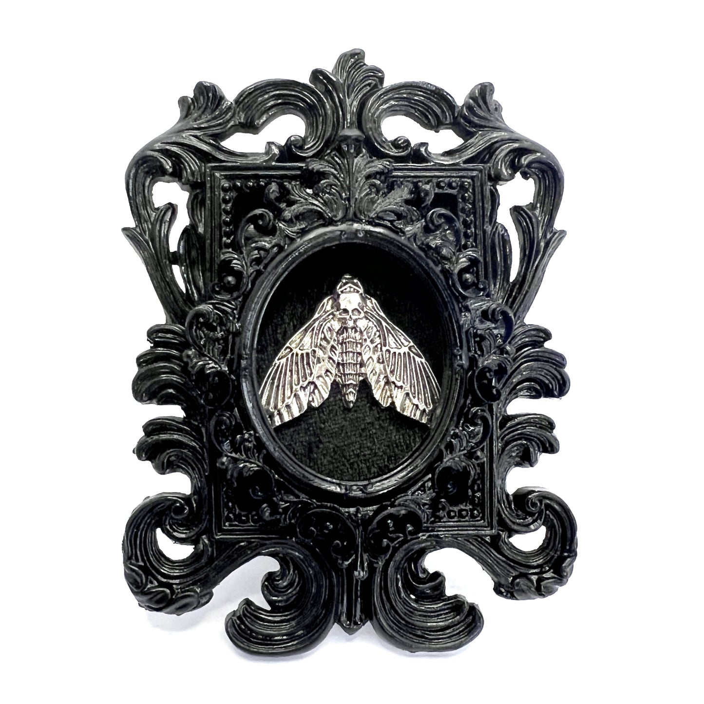 Small Black Resin Square Frame with Silver Moth on Black Velvet Gothic Home Deco