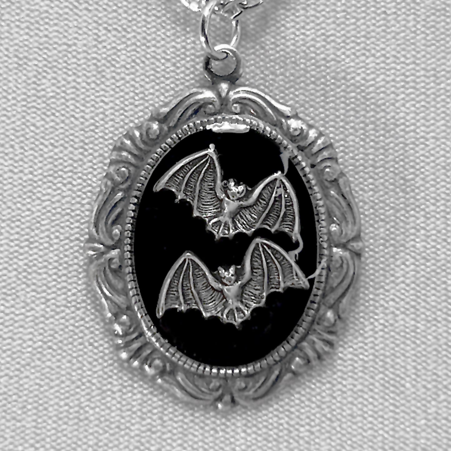 Tiny Silver Bats on Black Victorian Silver Necklace