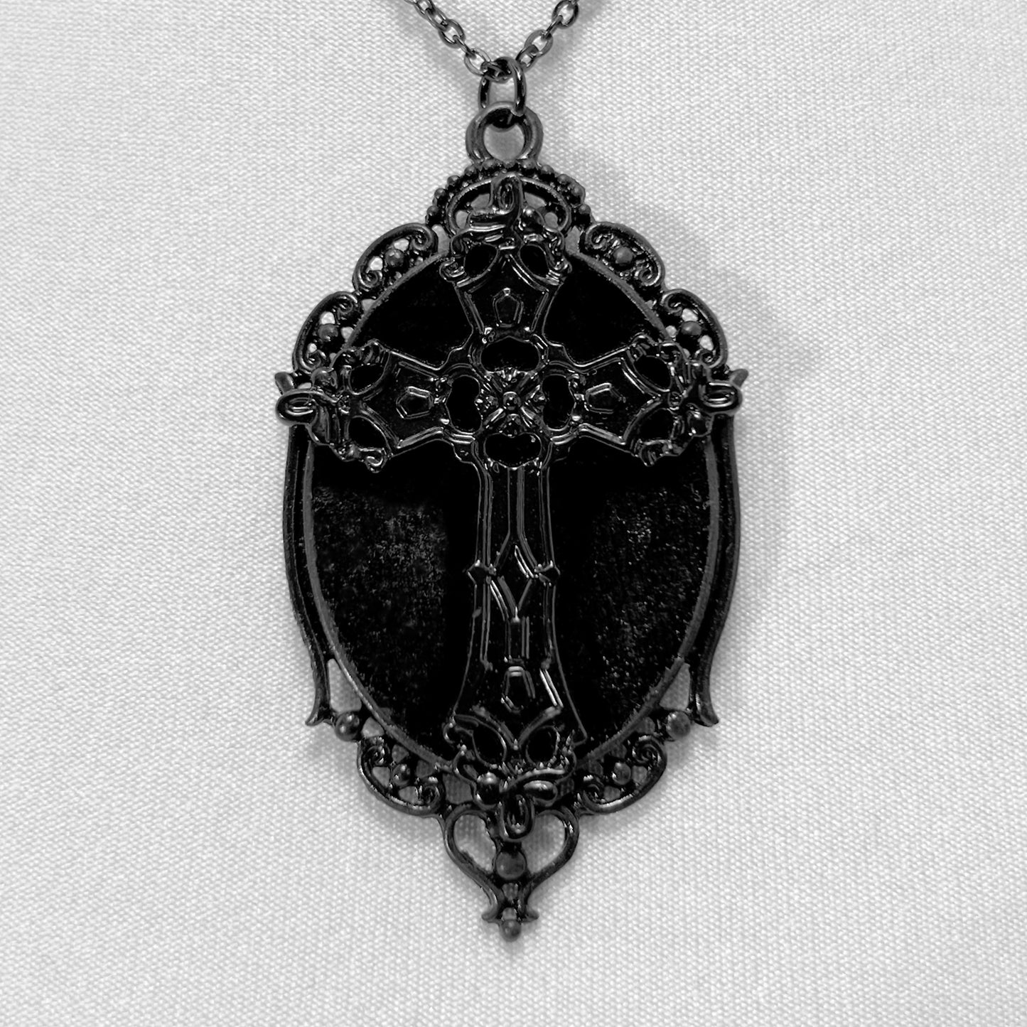 Black Gothic Cross on Black Velvet Necklace