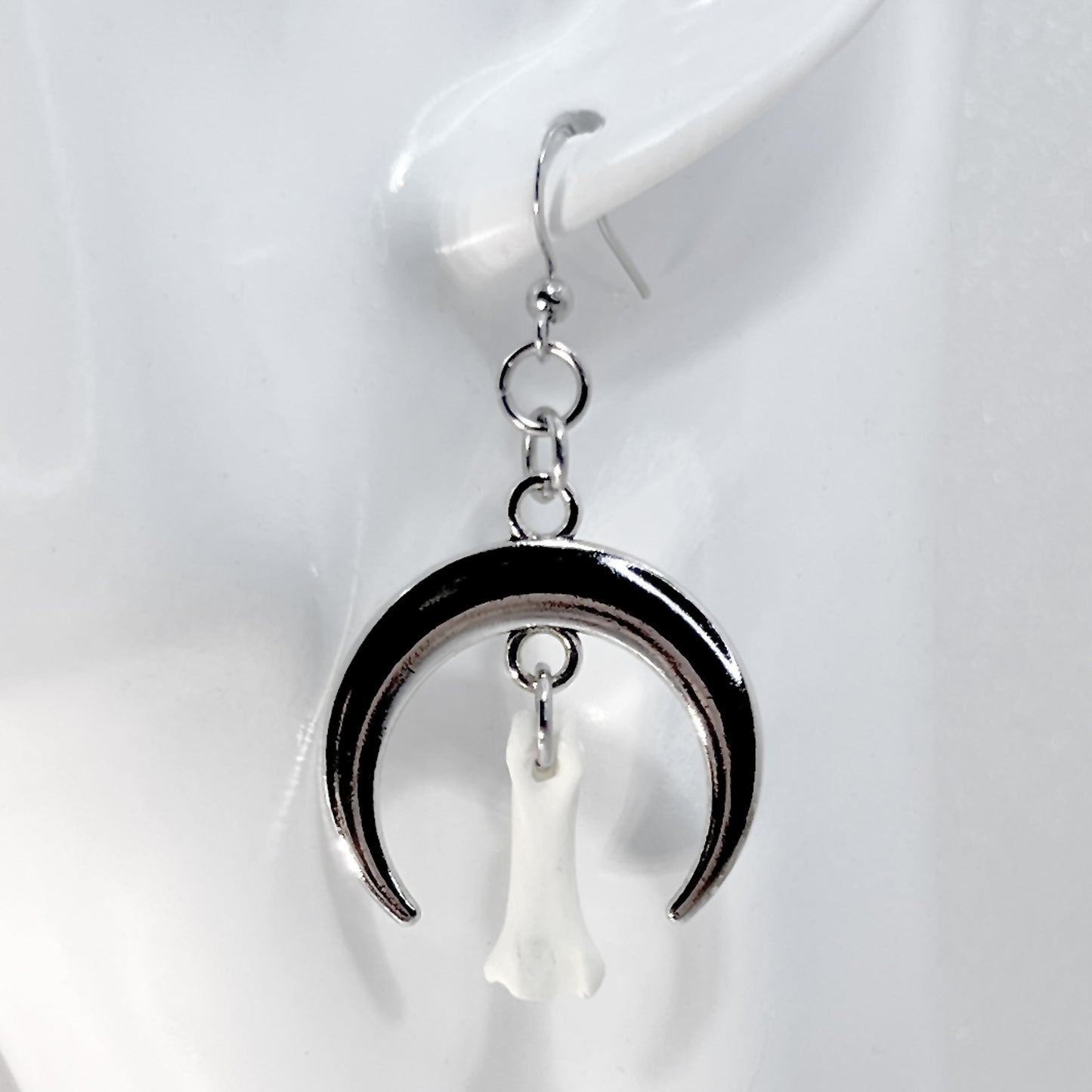 Shiny Silver Moon and Bone Earrings