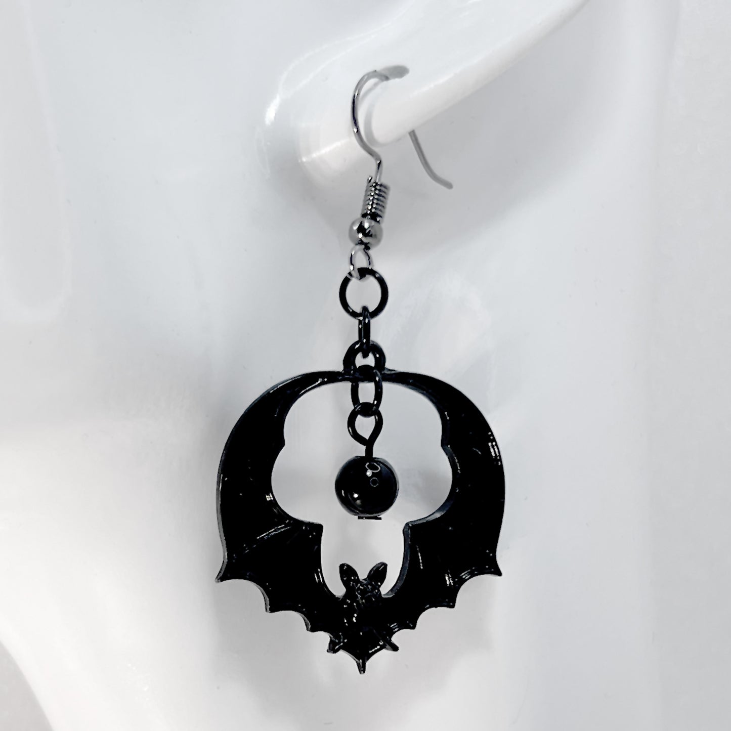 Black Circle Bat and Bead Earrings