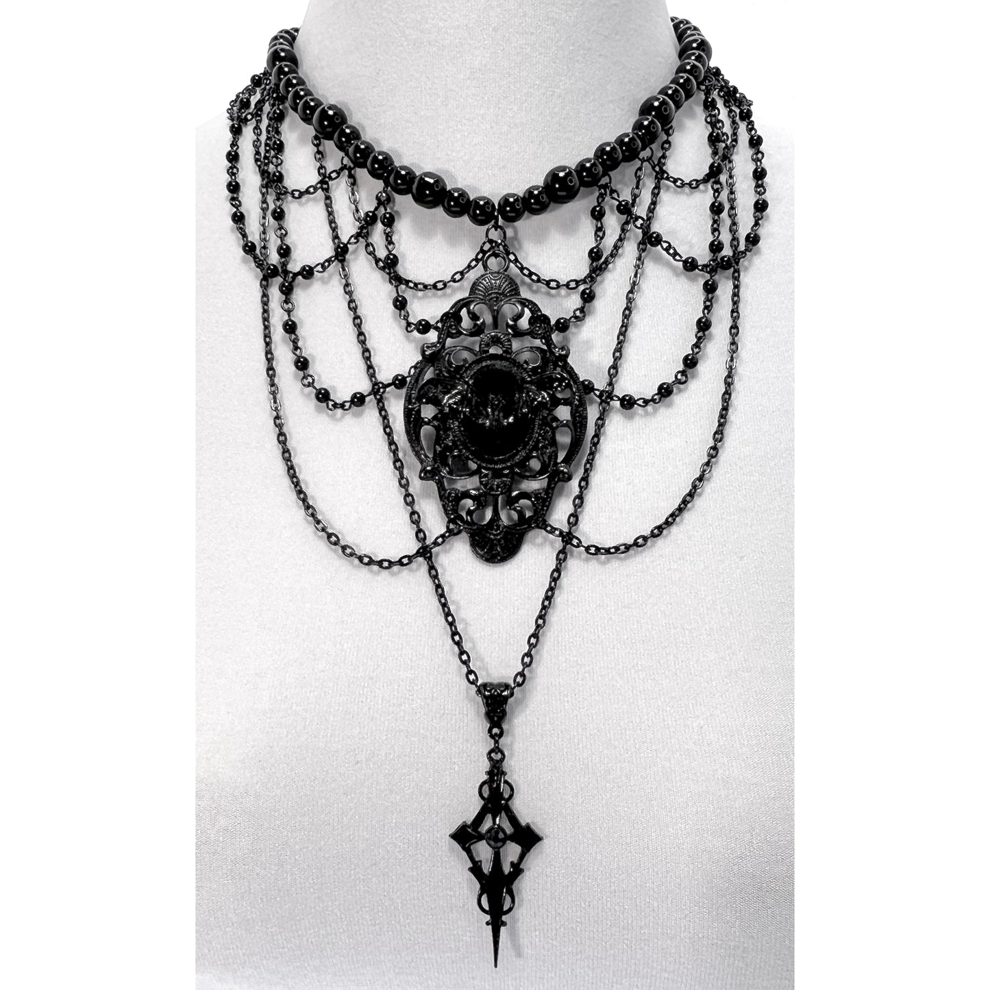 Black Multi-Strand Gothic Victorian Necklace with Bat and Long Hanging Cross