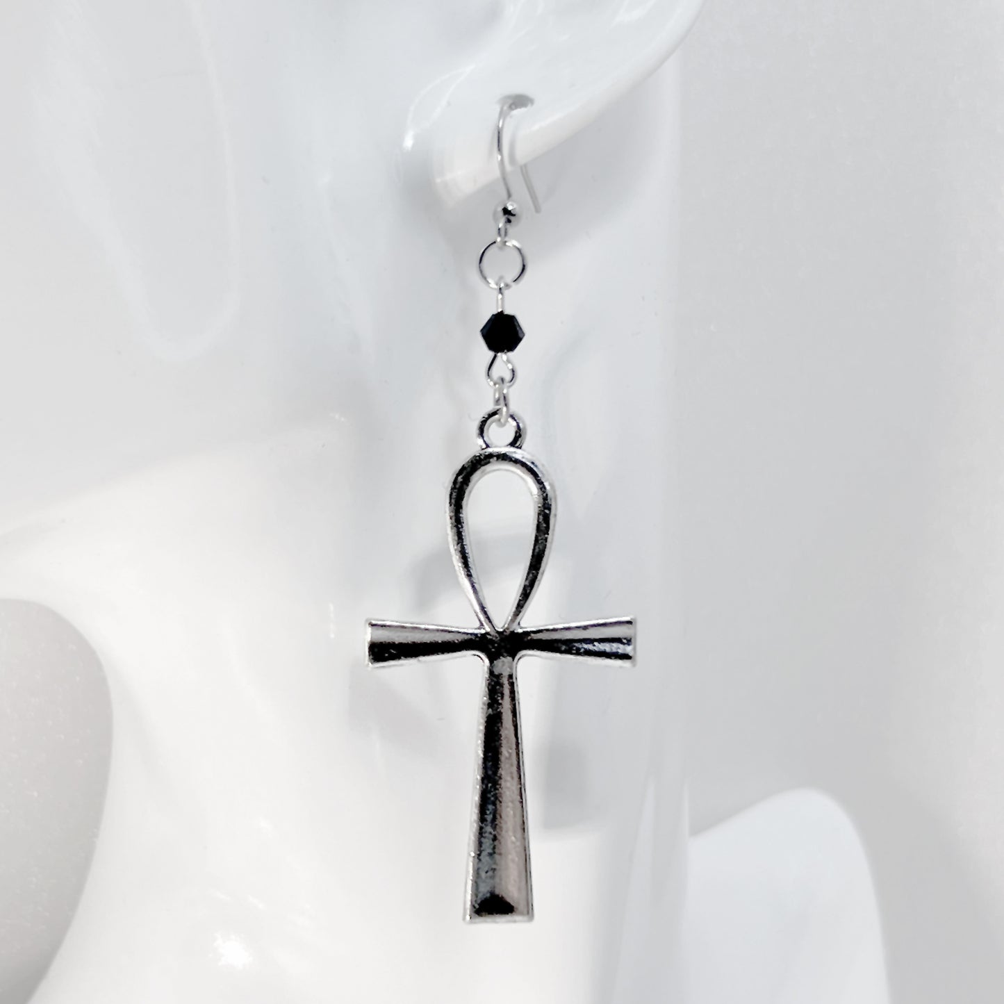 Large Silver Ankh and Black Bead Earrings