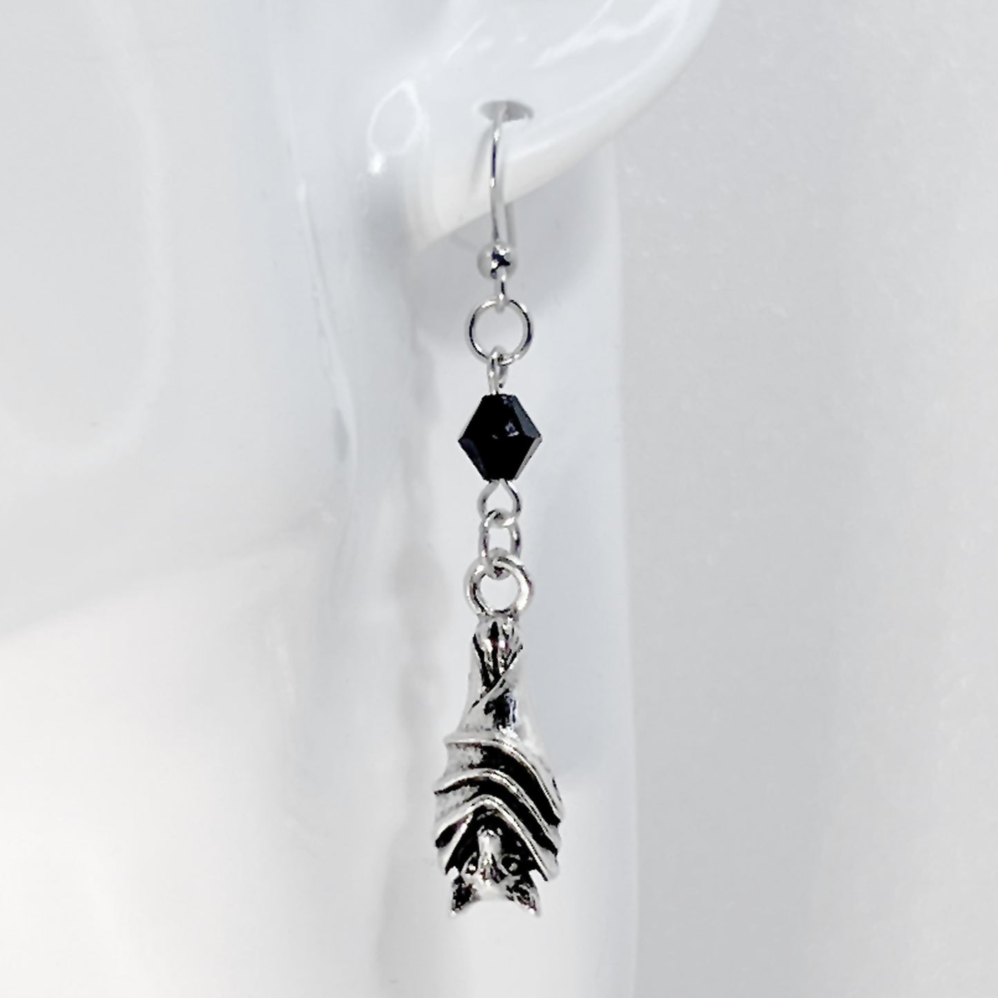 Silver Hanging Bat and Bead Earrings