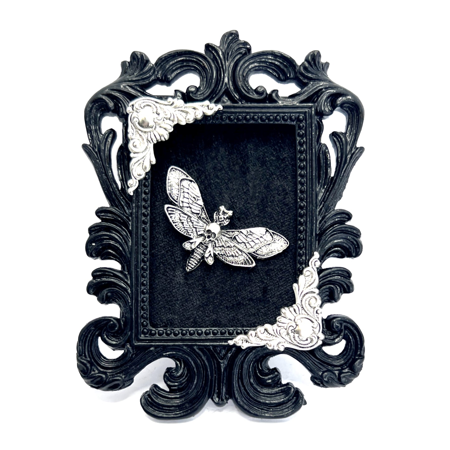 Small Black Resin Square Frame with Death Head Moth on Black Velvet Gothic Home Deco