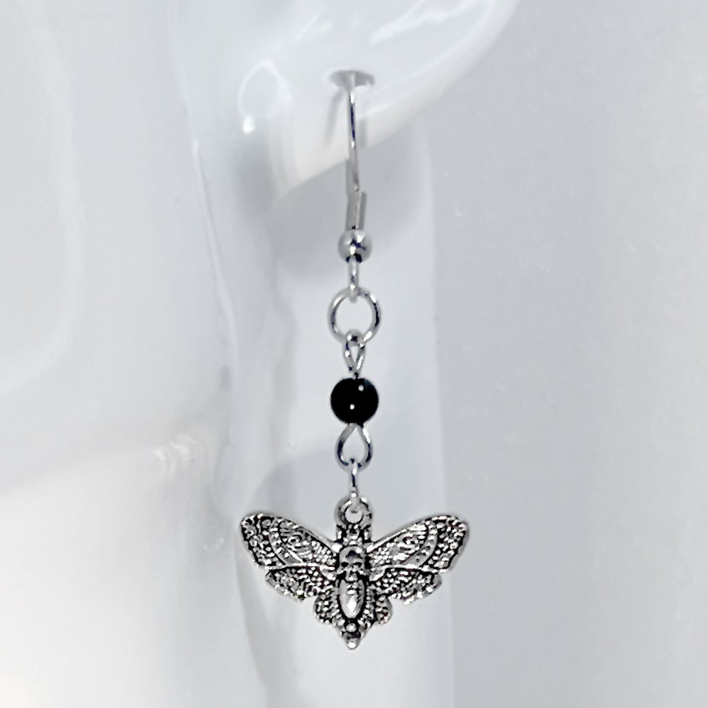 Small Silver Death Head Moth and Bead Earrings