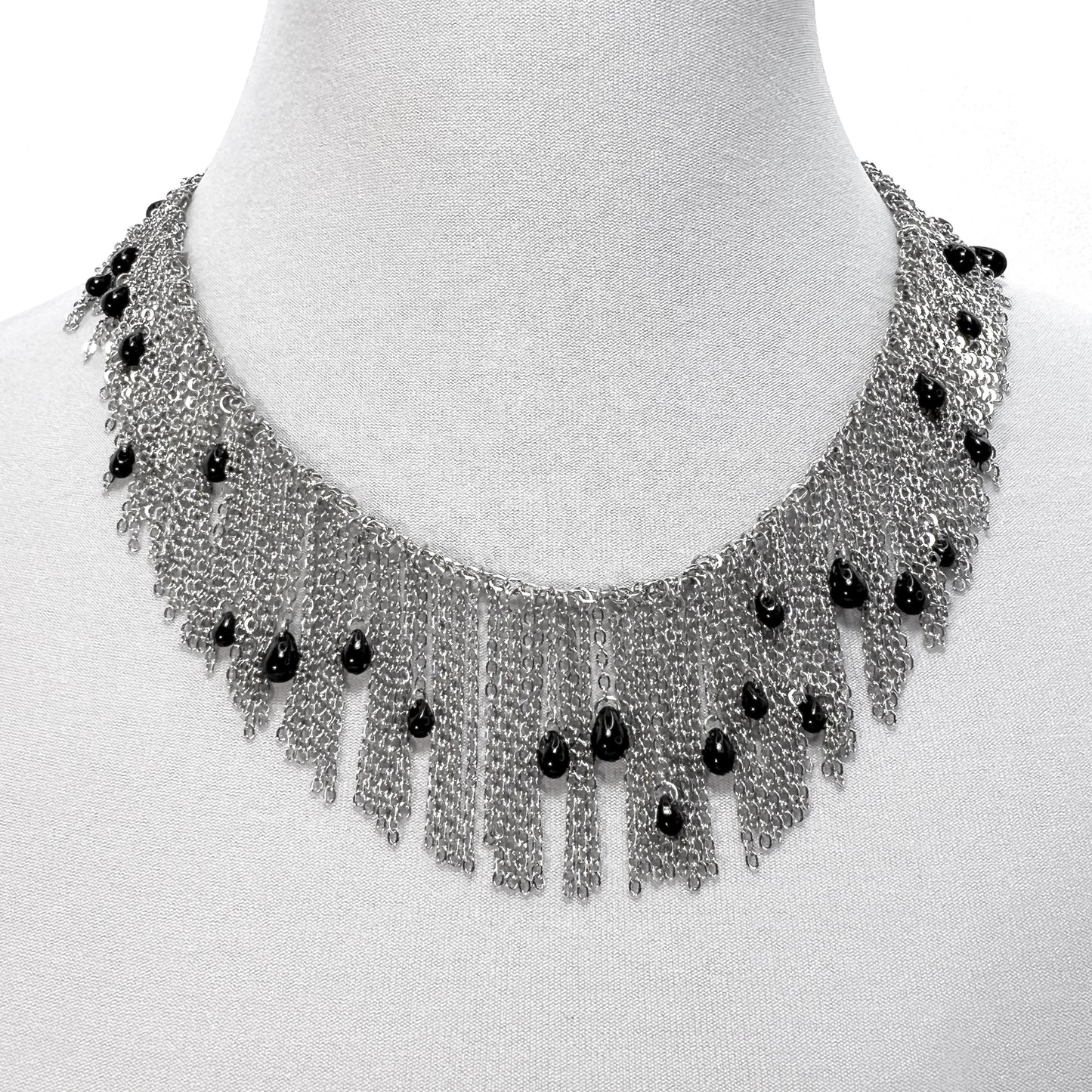 Silver Fringe Chain with Black Czech Beads Necklace