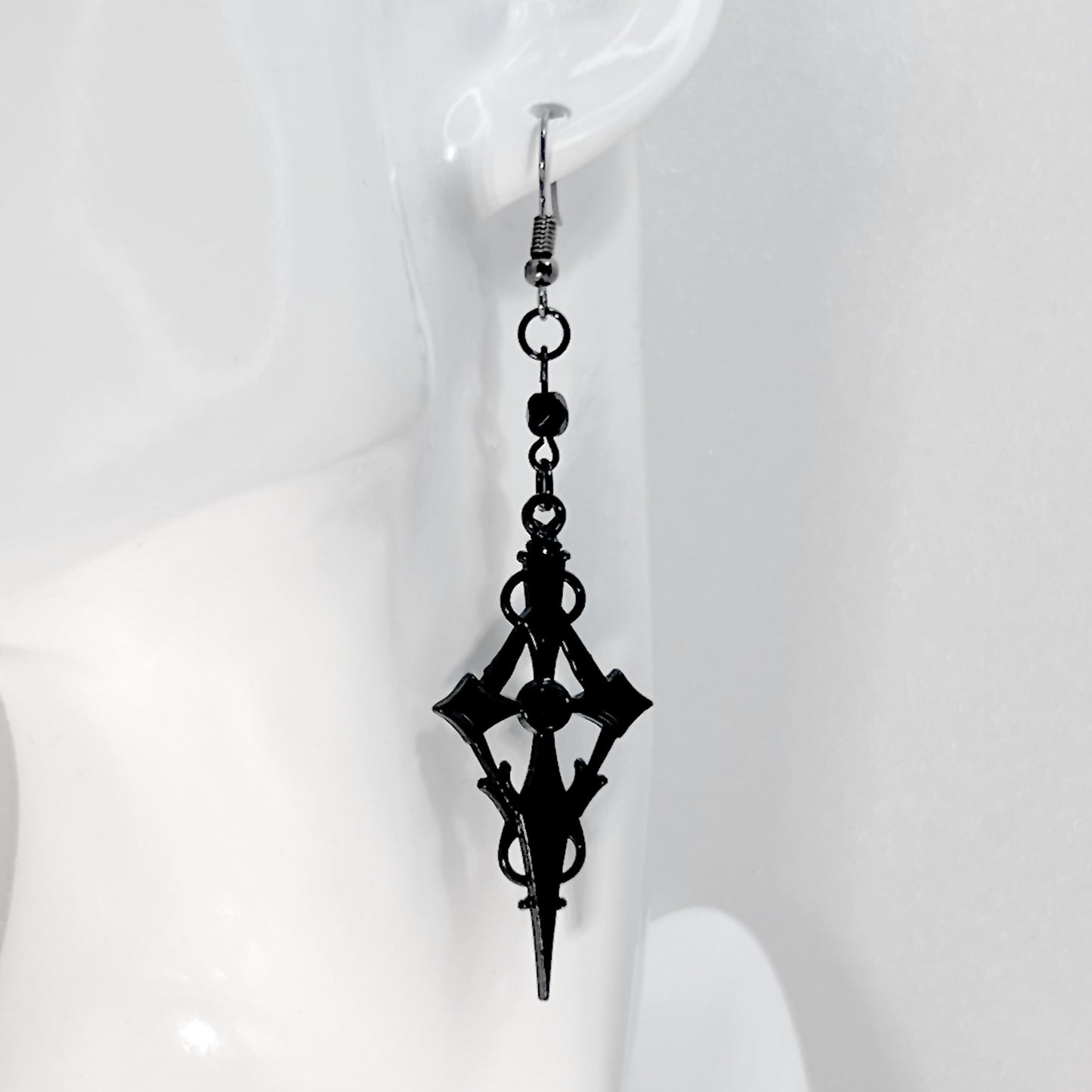 Black Pointed Gothic Cross and Bead Earrings