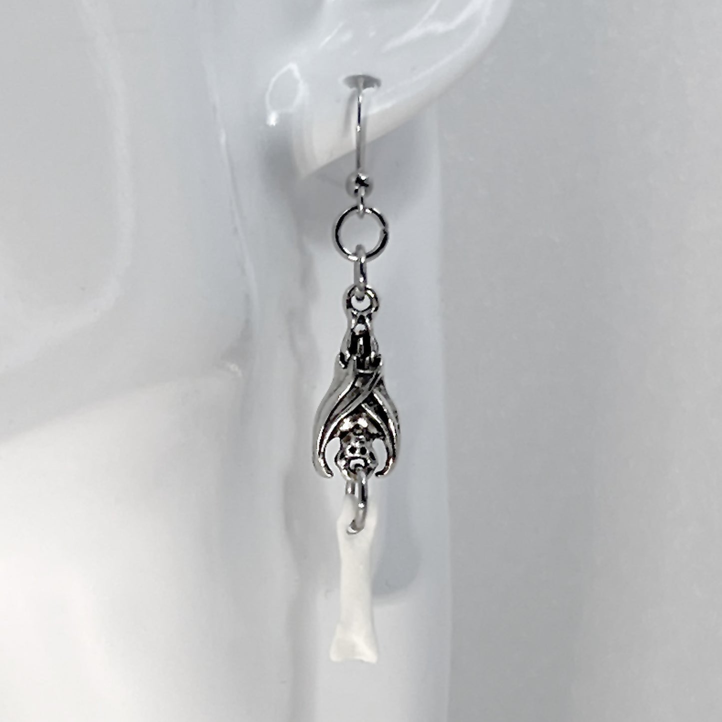 Silver Hanging Bat and Bone Earrings
