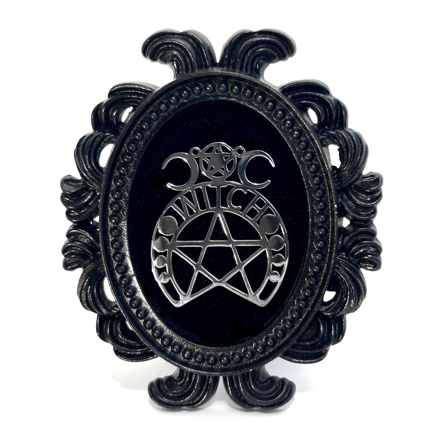 Small Black Resin Oval Frame with Silver 'Witch' on Black Velvet Gothic Home Deco