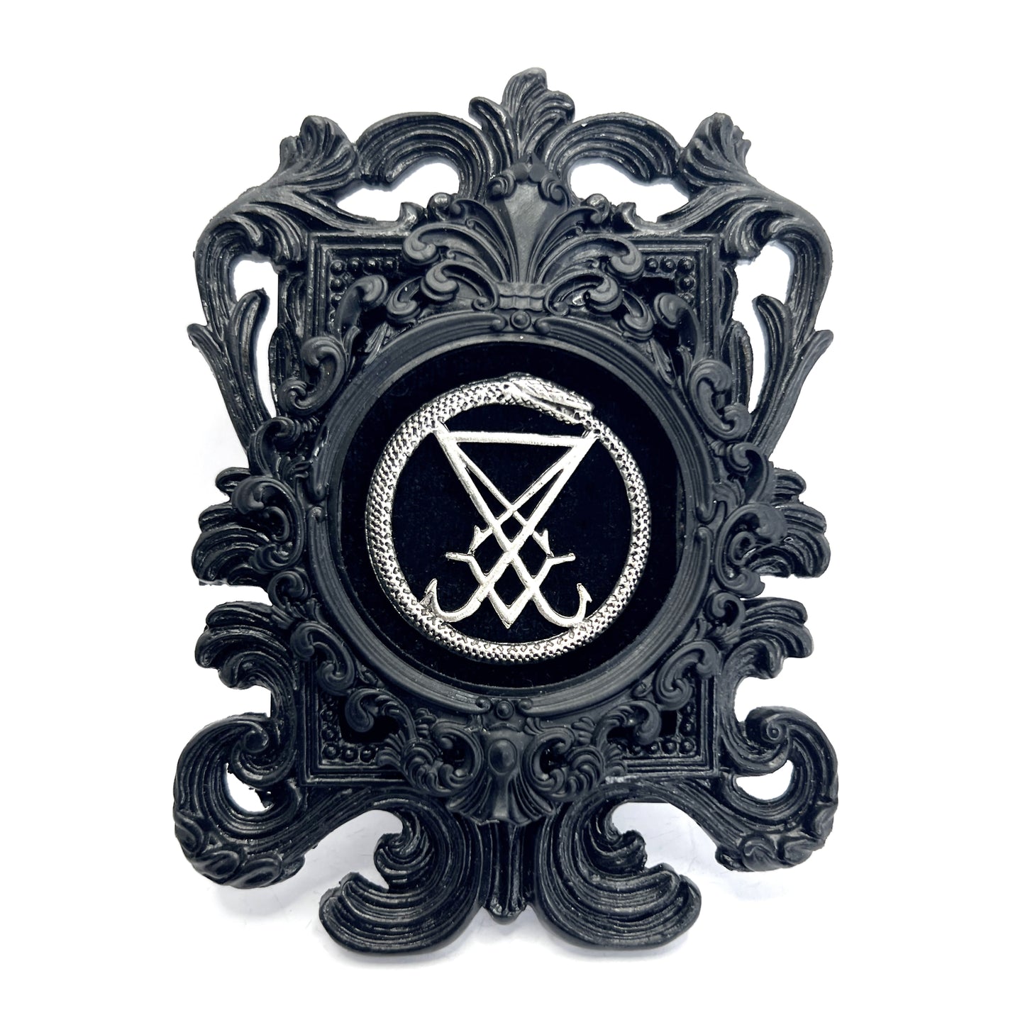 Small Black Resin Square Frame with Silver Sigil on Black Velvet Gothic Home Deco
