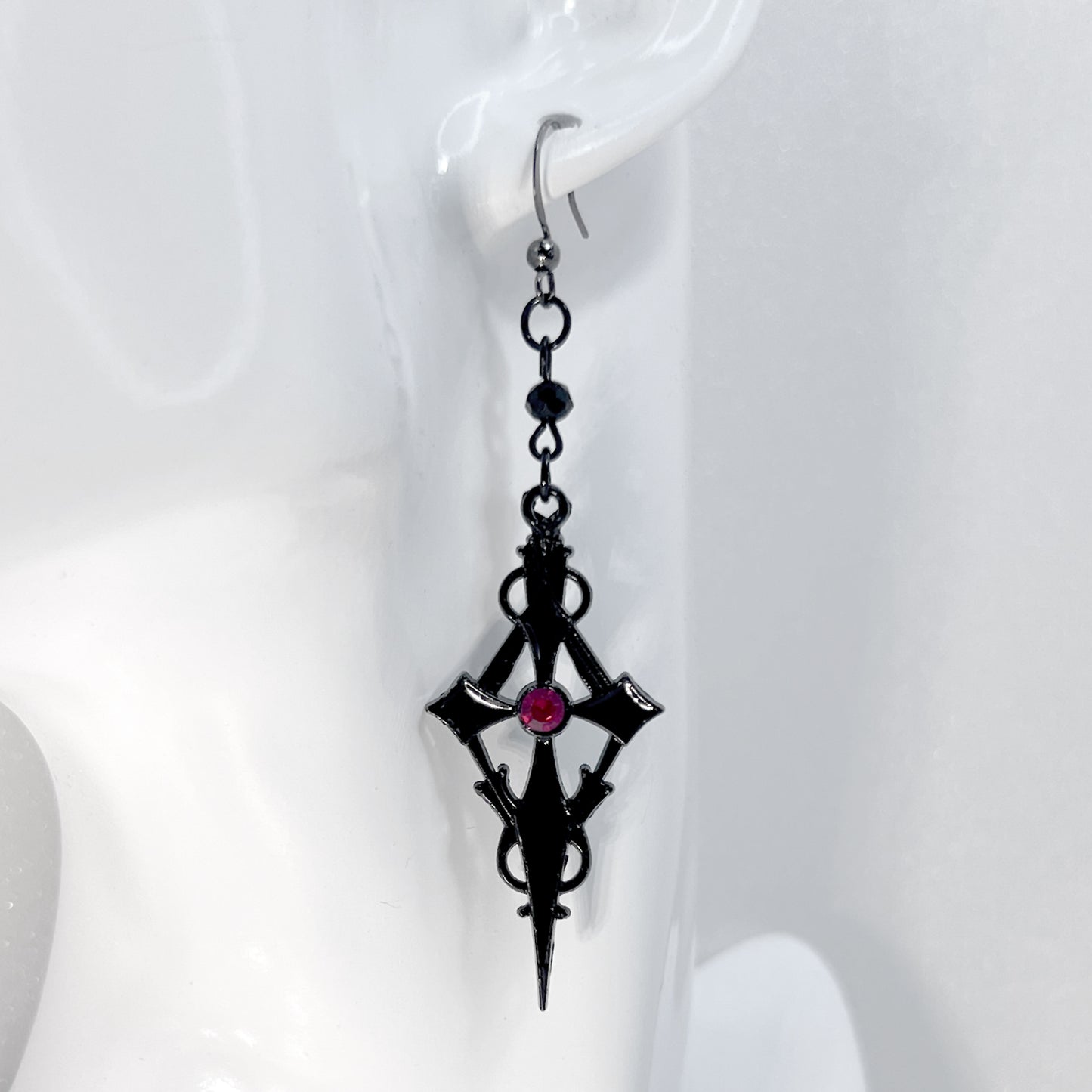 Black Pointed Gothic Cross with Blood Red Stone Earrings