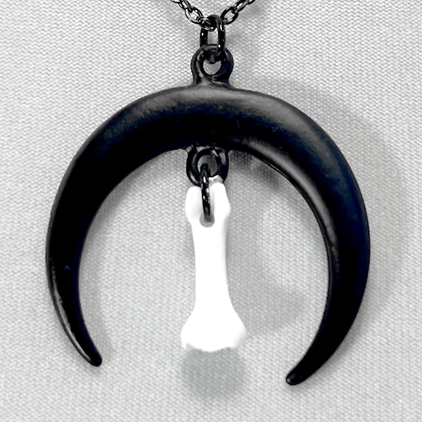 Large Black Crescent Moon and Tiny Bone Necklace