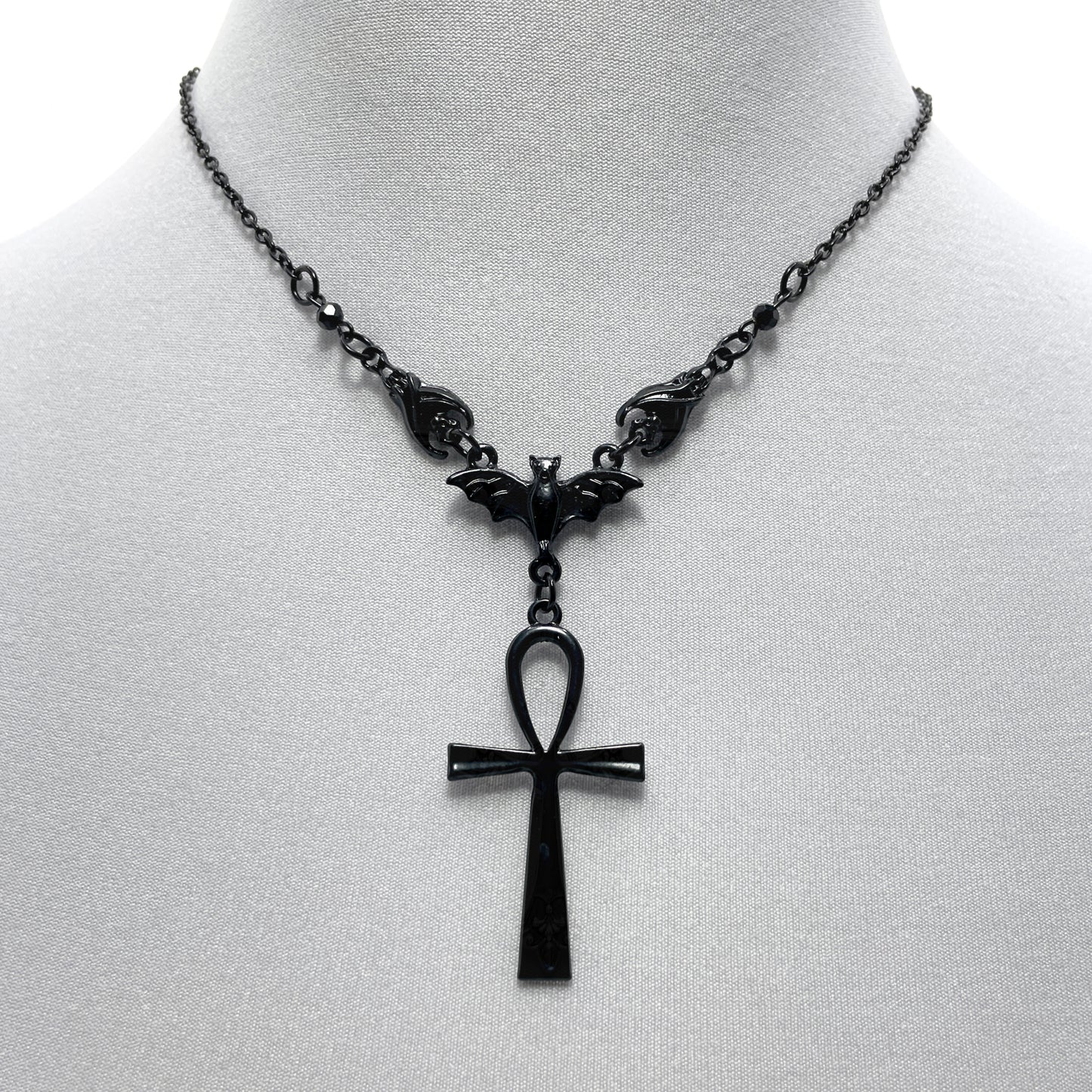 Black Three Bat Necklace with a Gothic Ankh