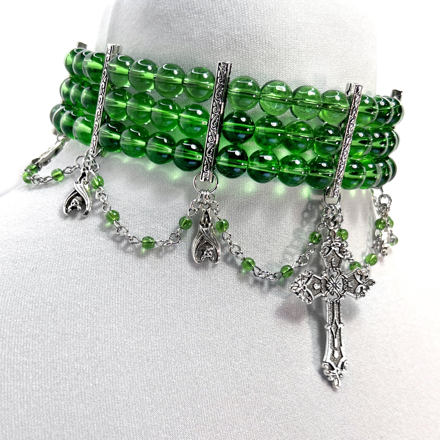 Green Beaded Gothic Choker Necklace with Crosses and Bats
