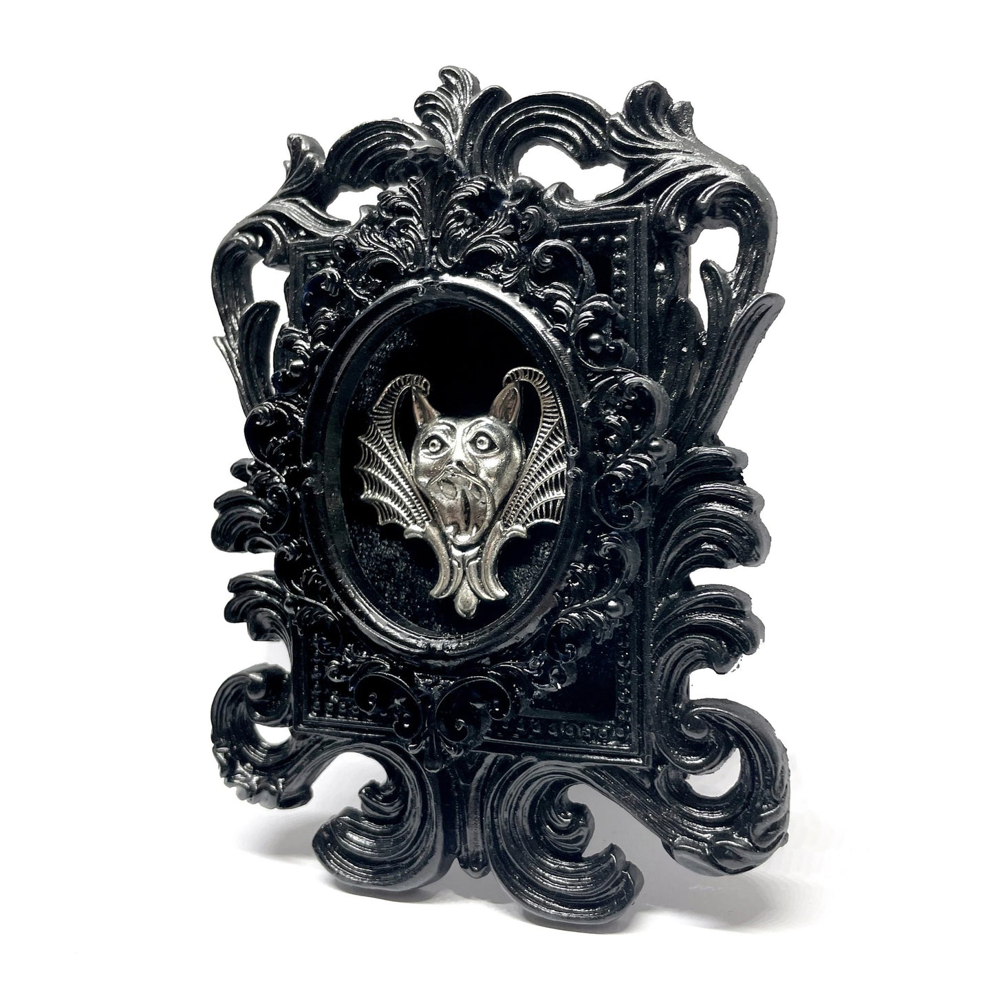 Small Black Resin Square Frame with Silver Gargoyle on Black Velvet Gothic Home Deco