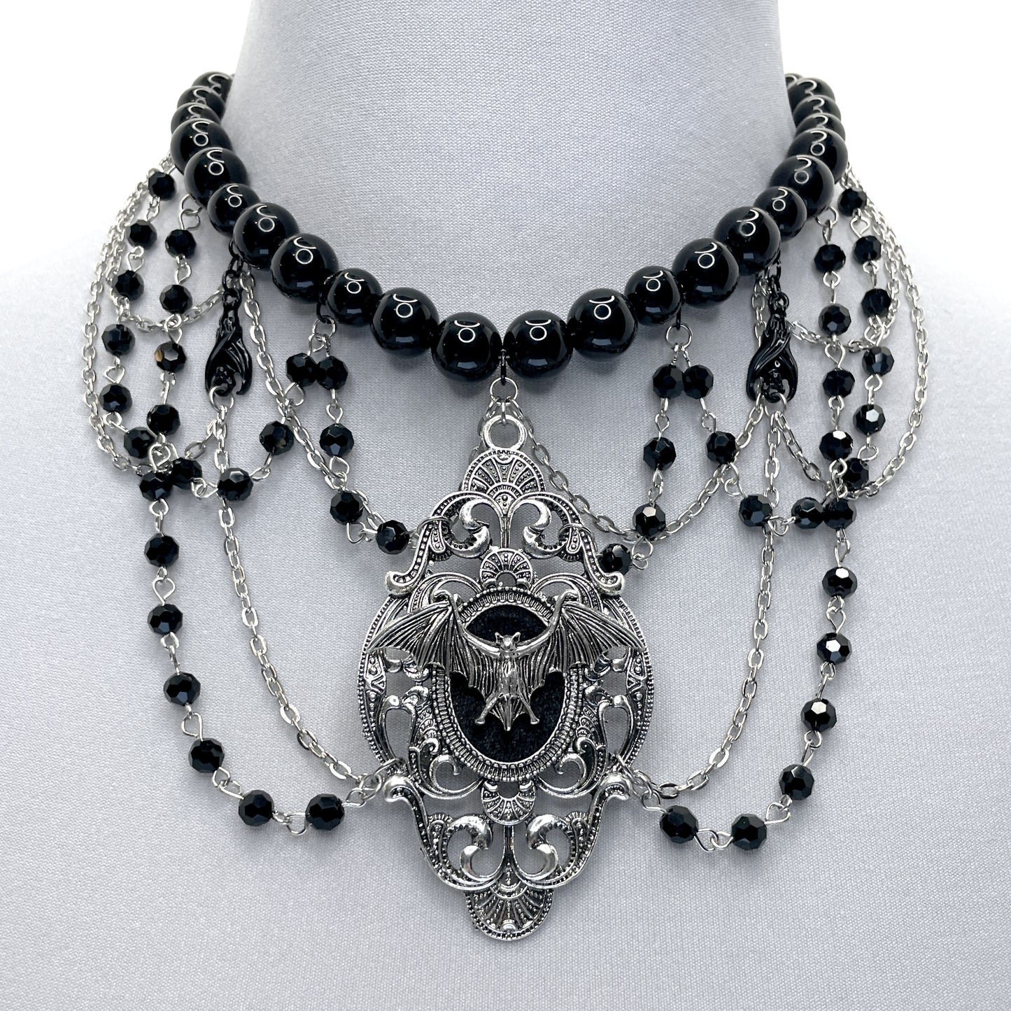 Silver and Black Multi-Strand Gothic Necklace with Bat
