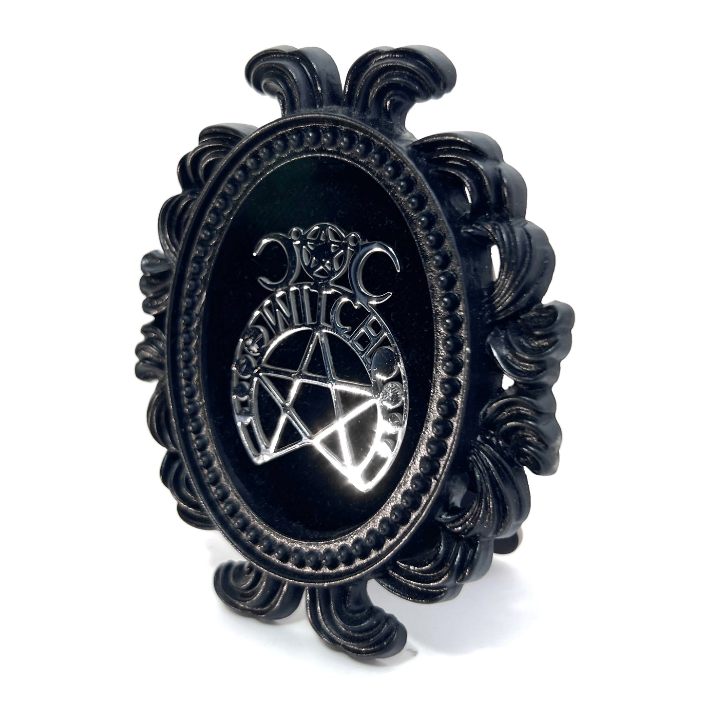 Small Black Resin Oval Frame with Silver 'Witch' on Black Velvet Gothic Home Deco