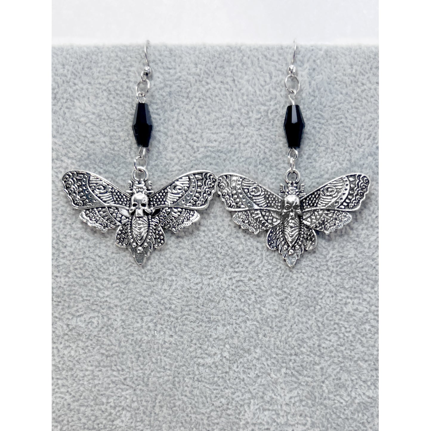 Silver Death Head Moth and Bead Earrings