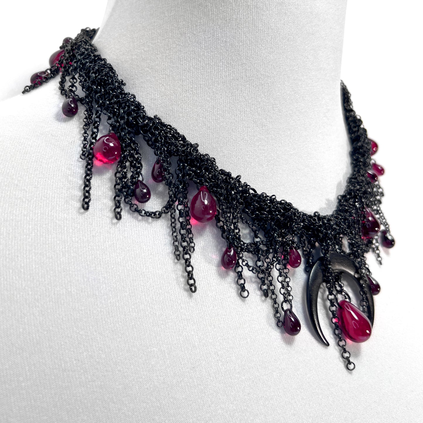 Black Woven Chain with Moon and Blood Red Czech Bead Gothic Necklace
