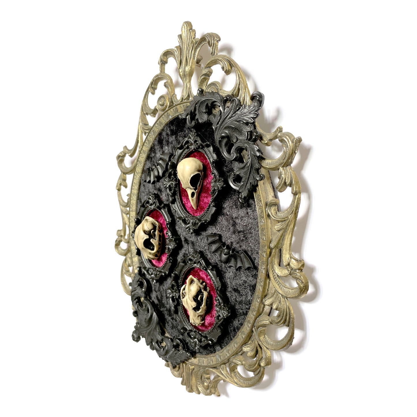 Large Antique Framed Three Resin Skull Gothic Wall Deco