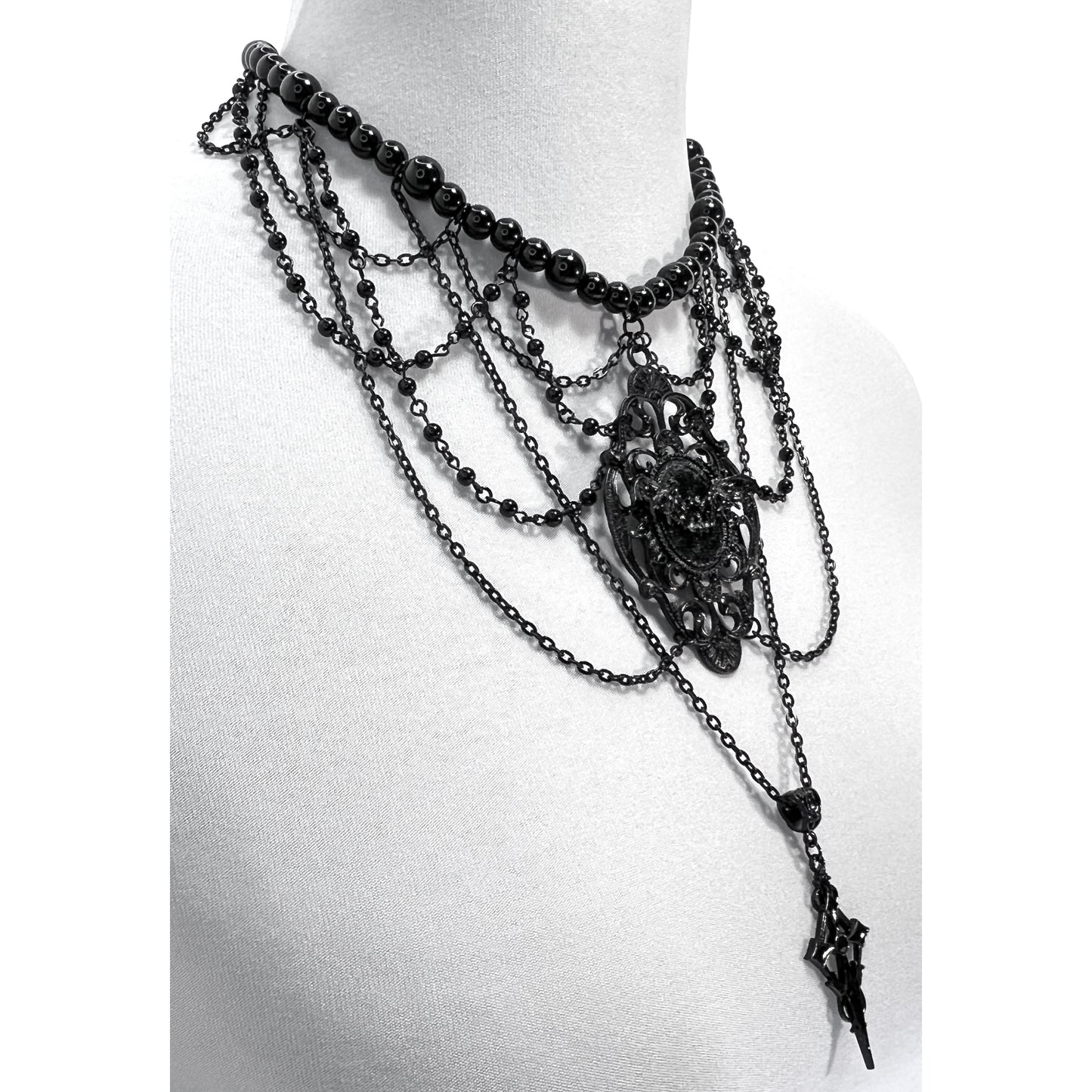 Black Multi-Strand Gothic Victorian Necklace with Bat and Long Hanging Cross