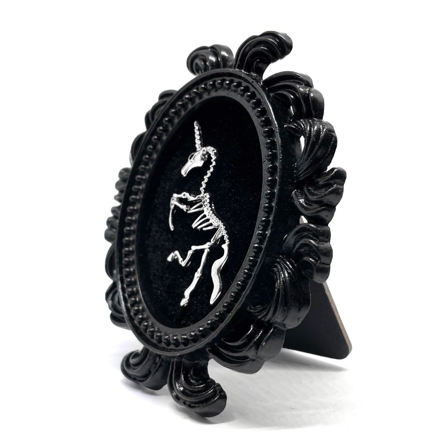 Small Black Resin Oval Frame with Silver Unicorn Skeleton on Black Velvet Gothic Home Deco