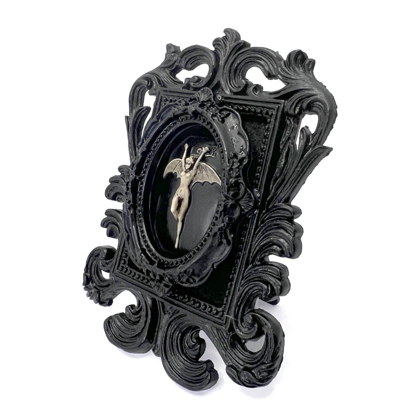 Small Black Resin Square Frame with Bat Woman on Black Velvet Gothic Home Deco