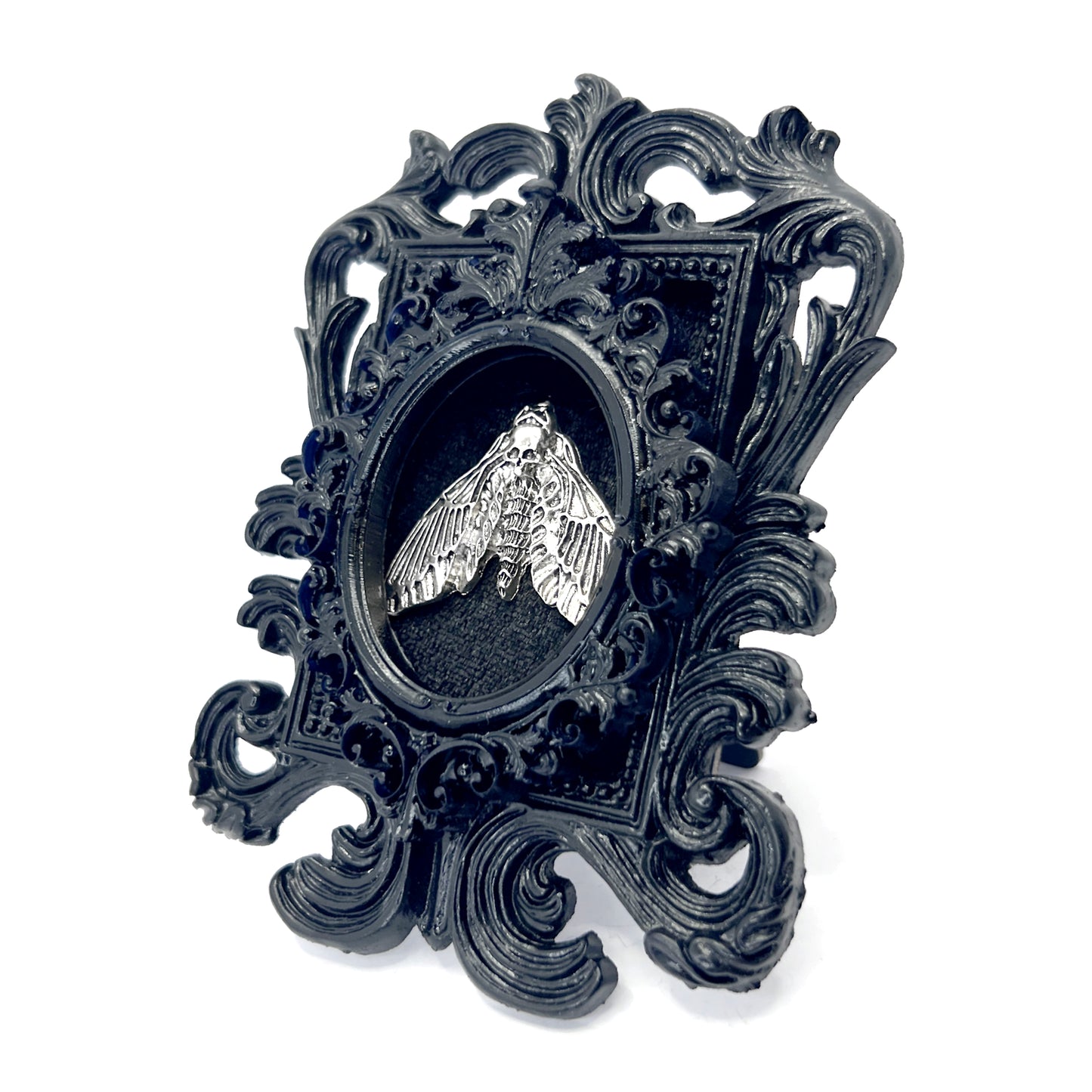 Small Black Resin Square Frame with Silver Moth on Black Velvet Gothic Home Deco