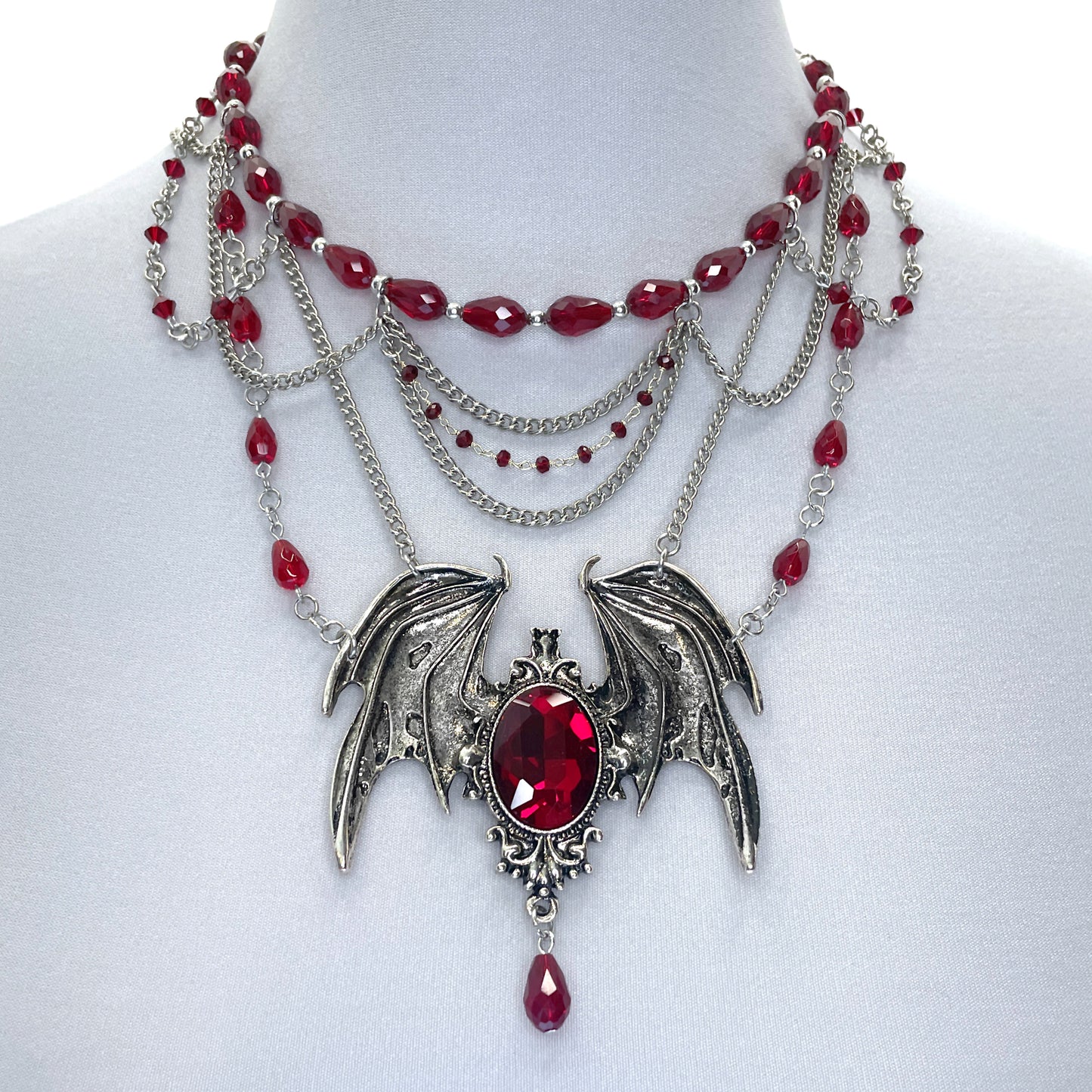 Red and Silver Dragon/Bat Wing Gothic Necklace