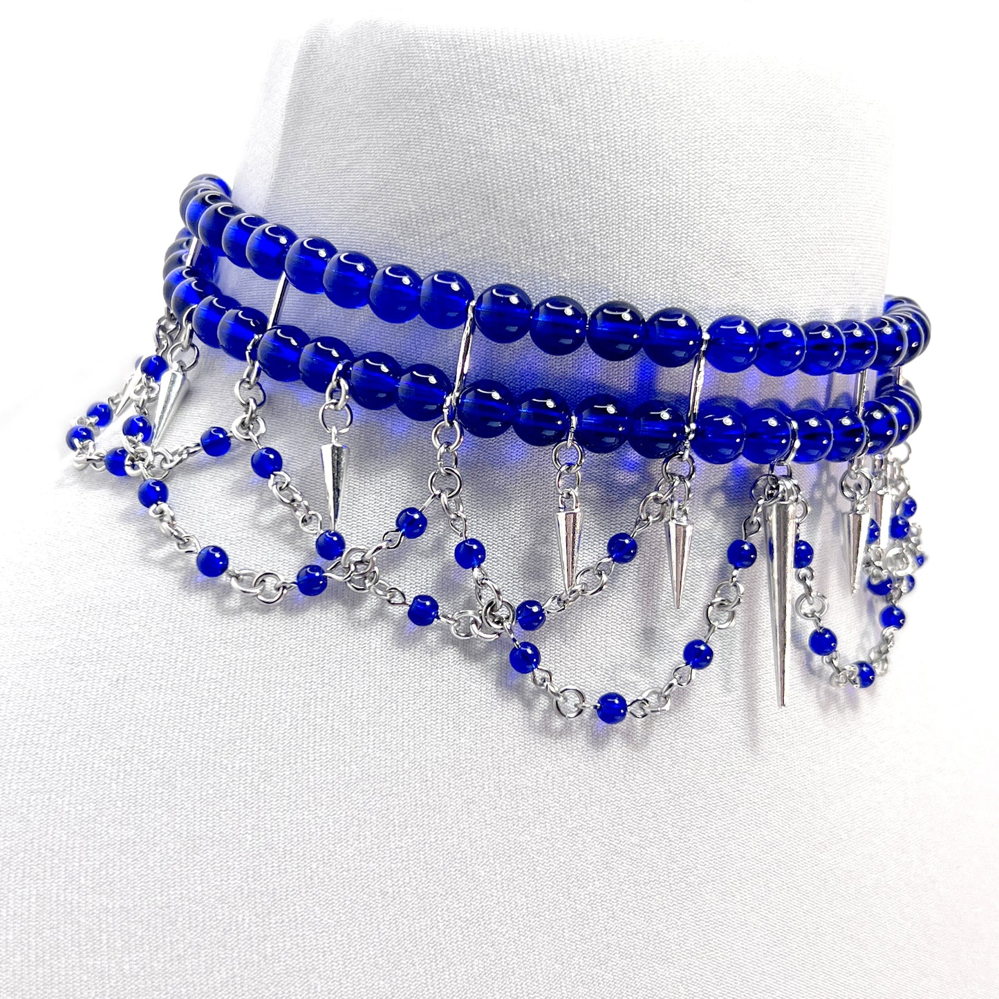 Dark Blue Beaded Gothic Choker Necklace with Spikes