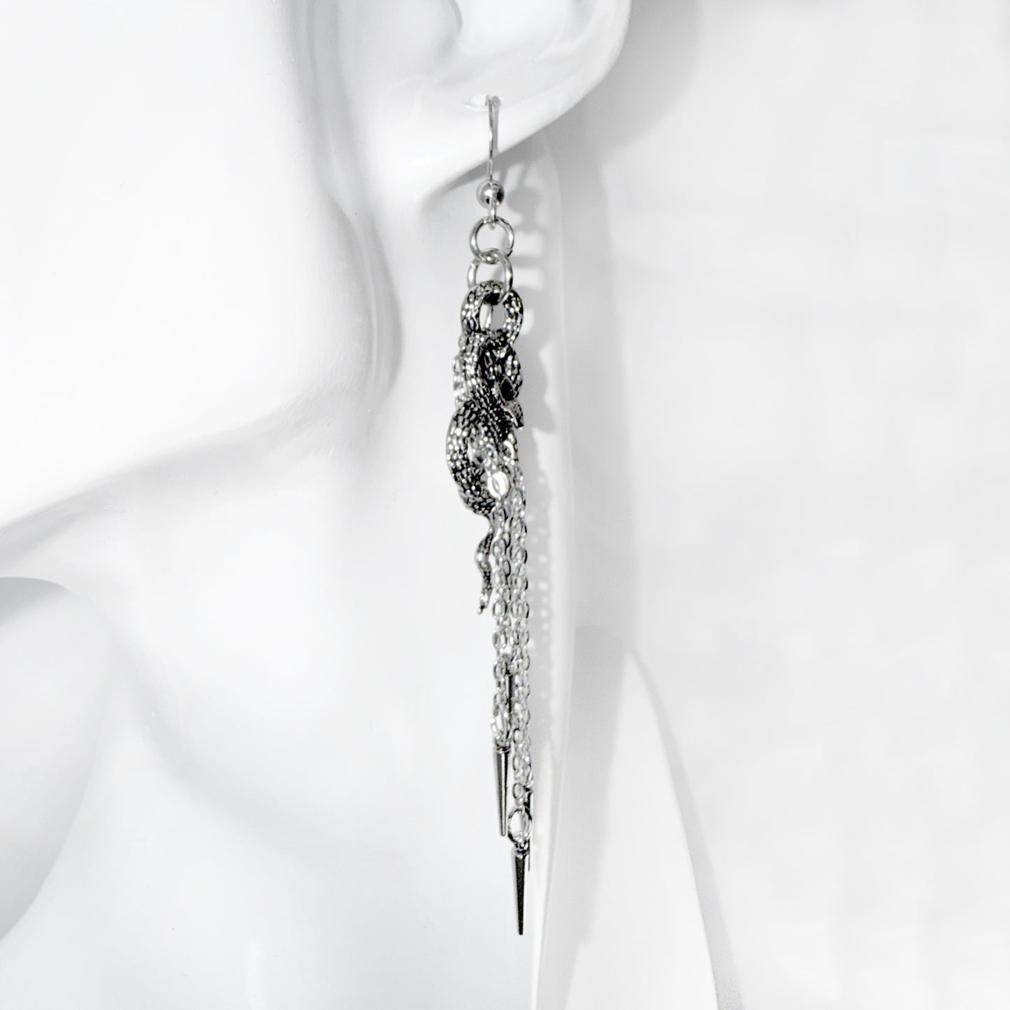 Silver Coiled Snake and Chain Earrings