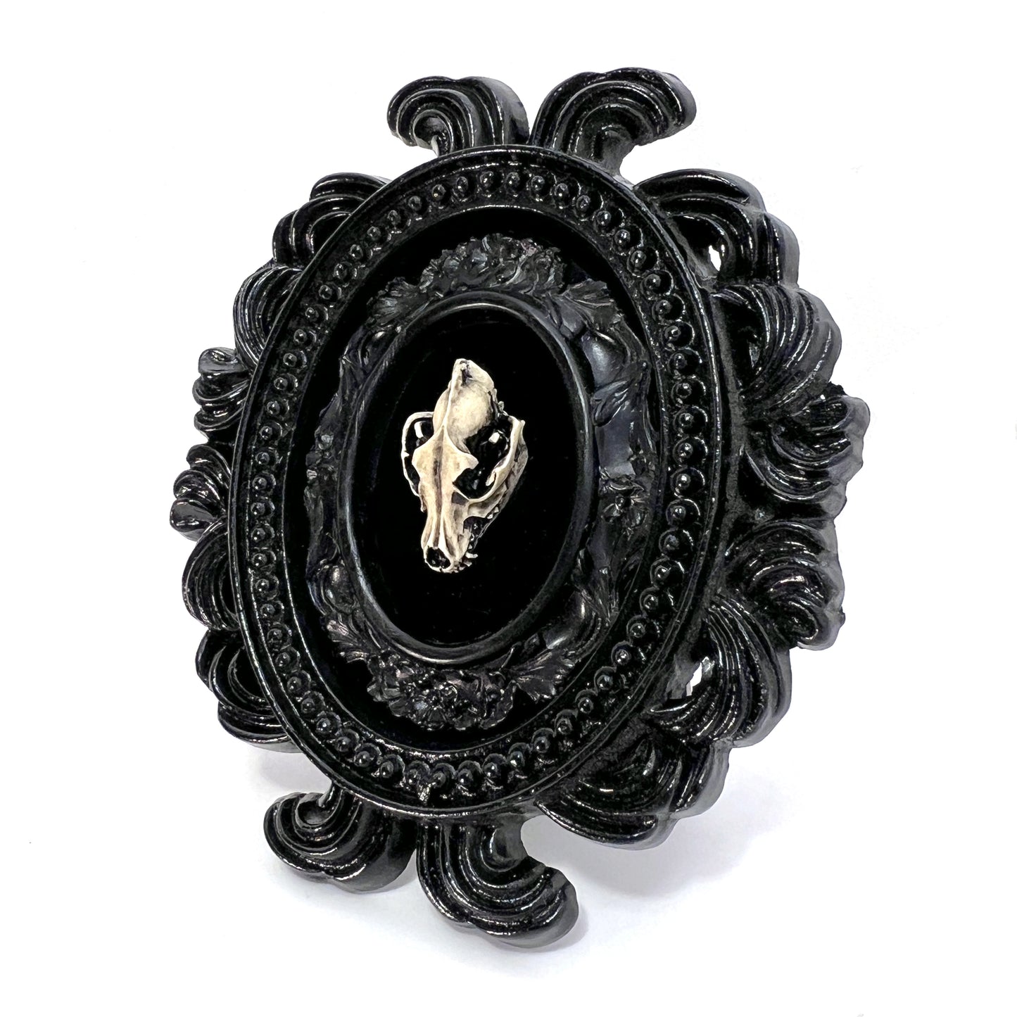Small Black Resin Oval Frame with Resin Wolf Skull on Black Velvet Gothic Home Deco