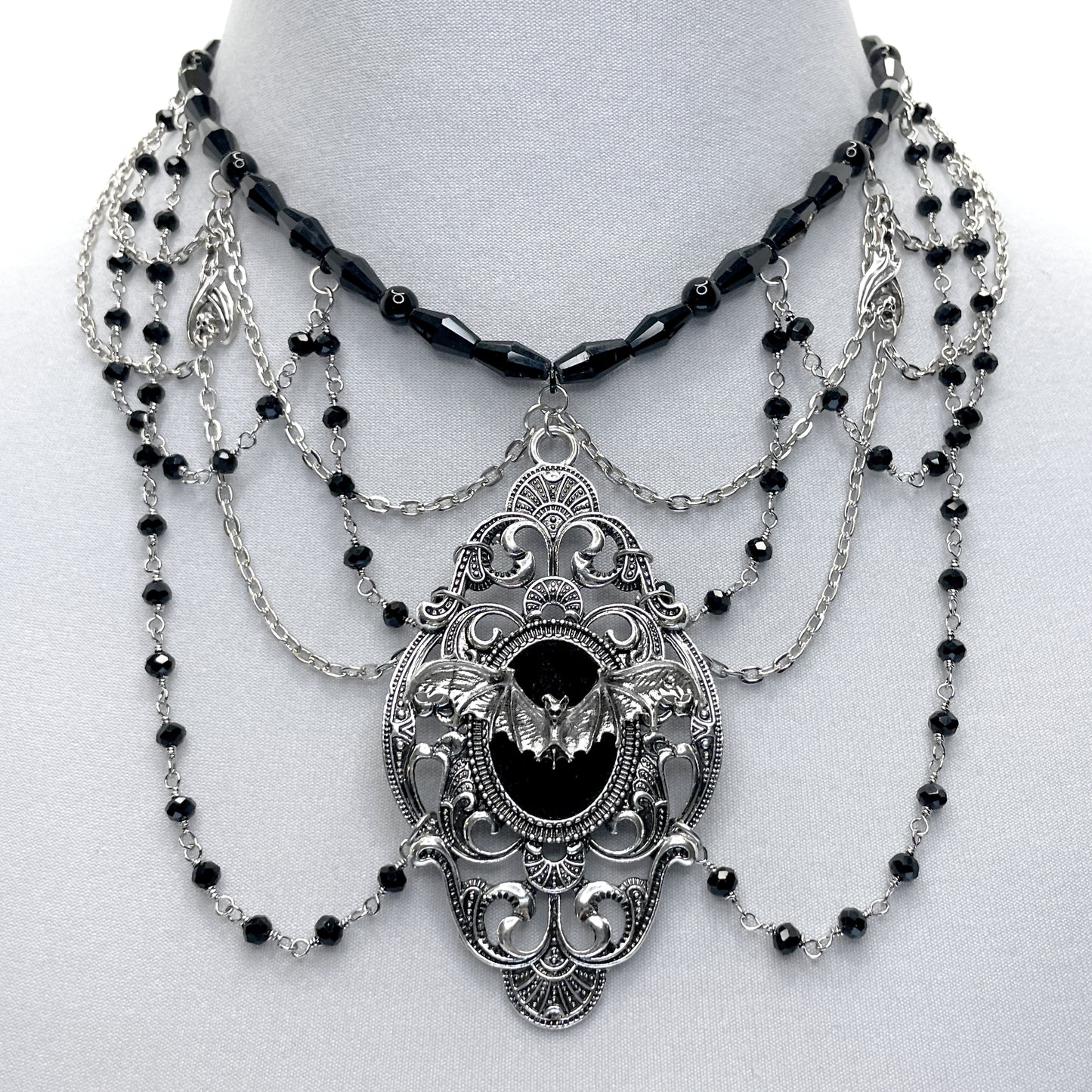 Silver with Black Multi-Strand Gothic Victorian Necklace with Bat