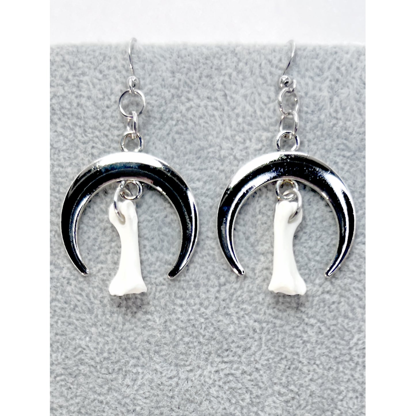 Shiny Silver Moon and Bone Earrings