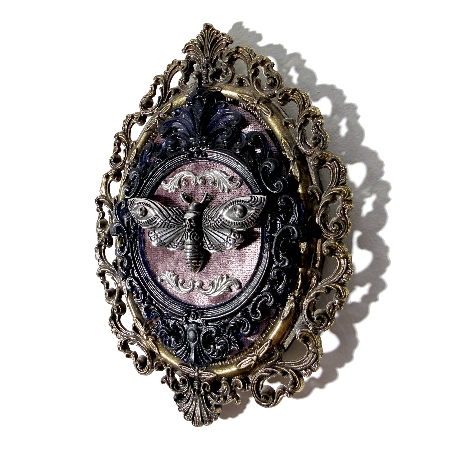 Silver Moth on Lavender Velvet Antique Framed Home Deco