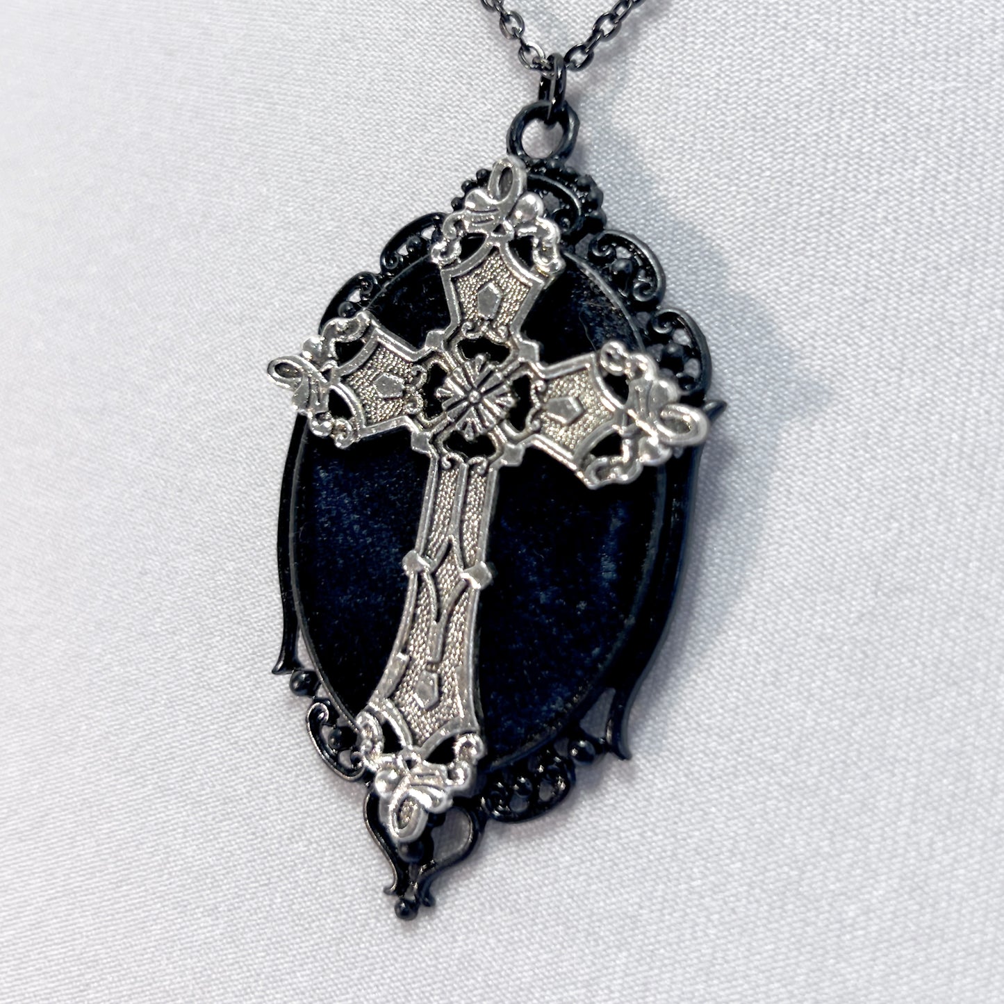 Silver Gothic Cross on Black Velvet Necklace