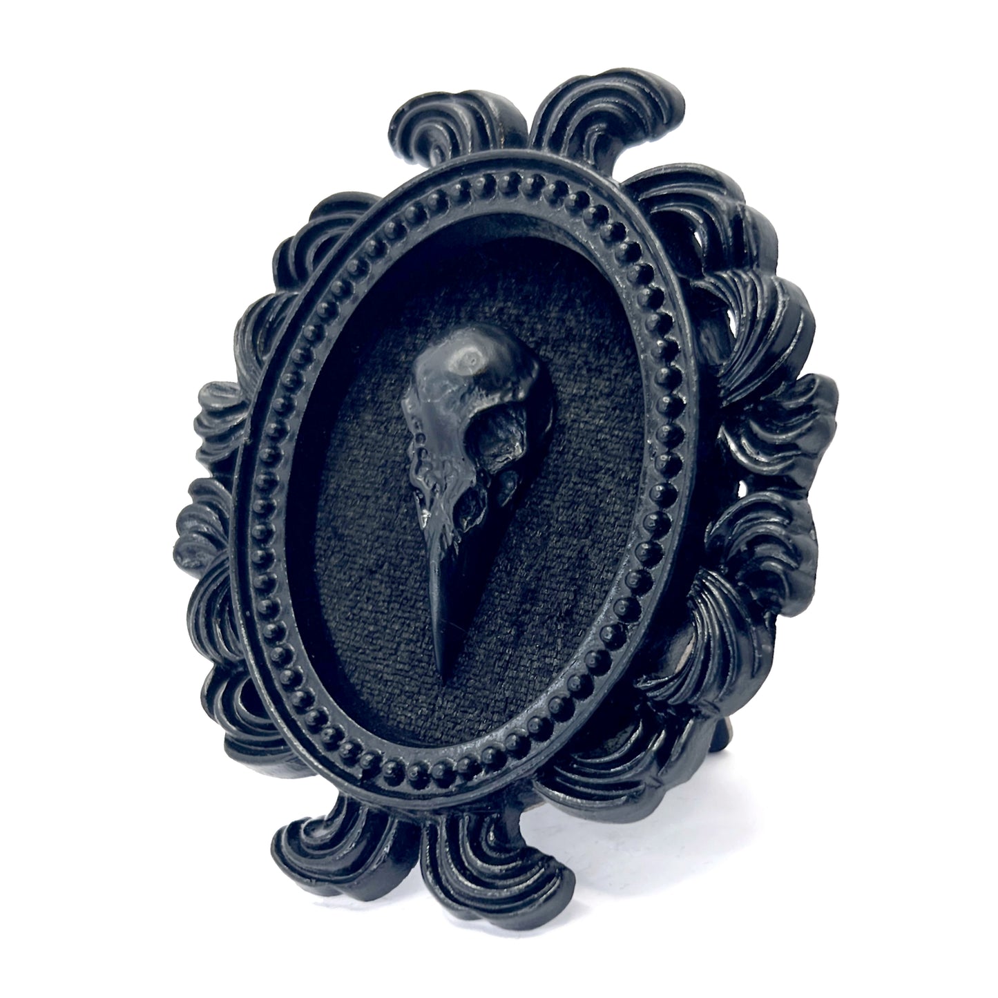 Small Black Resin Oval Frame with Black Bird Skull on Black Velvet Gothic Home Deco