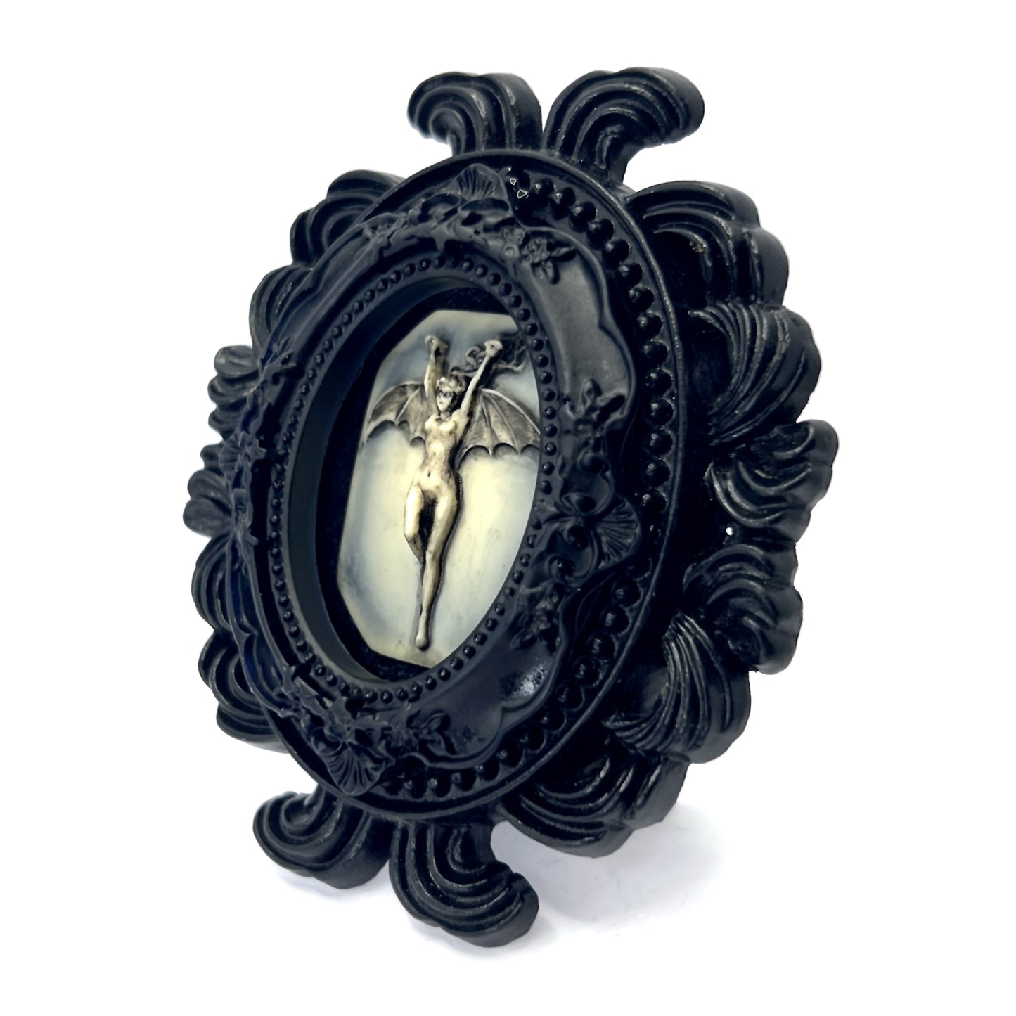 Small Black Resin Oval Frame with Bat Woman on Black Velvet Gothic Home Deco