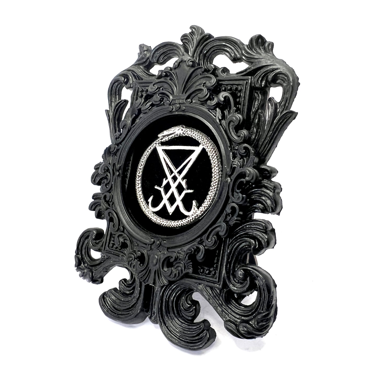 Small Black Resin Square Frame with Silver Sigil on Black Velvet Gothic Home Deco