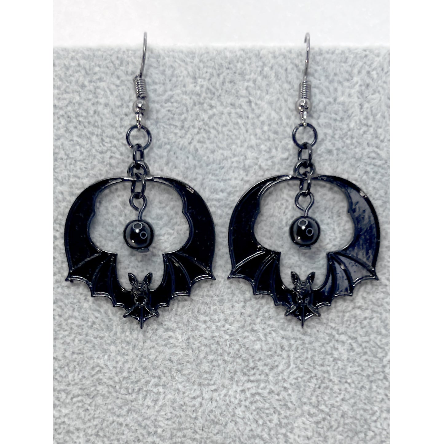 Black Circle Bat and Bead Earrings