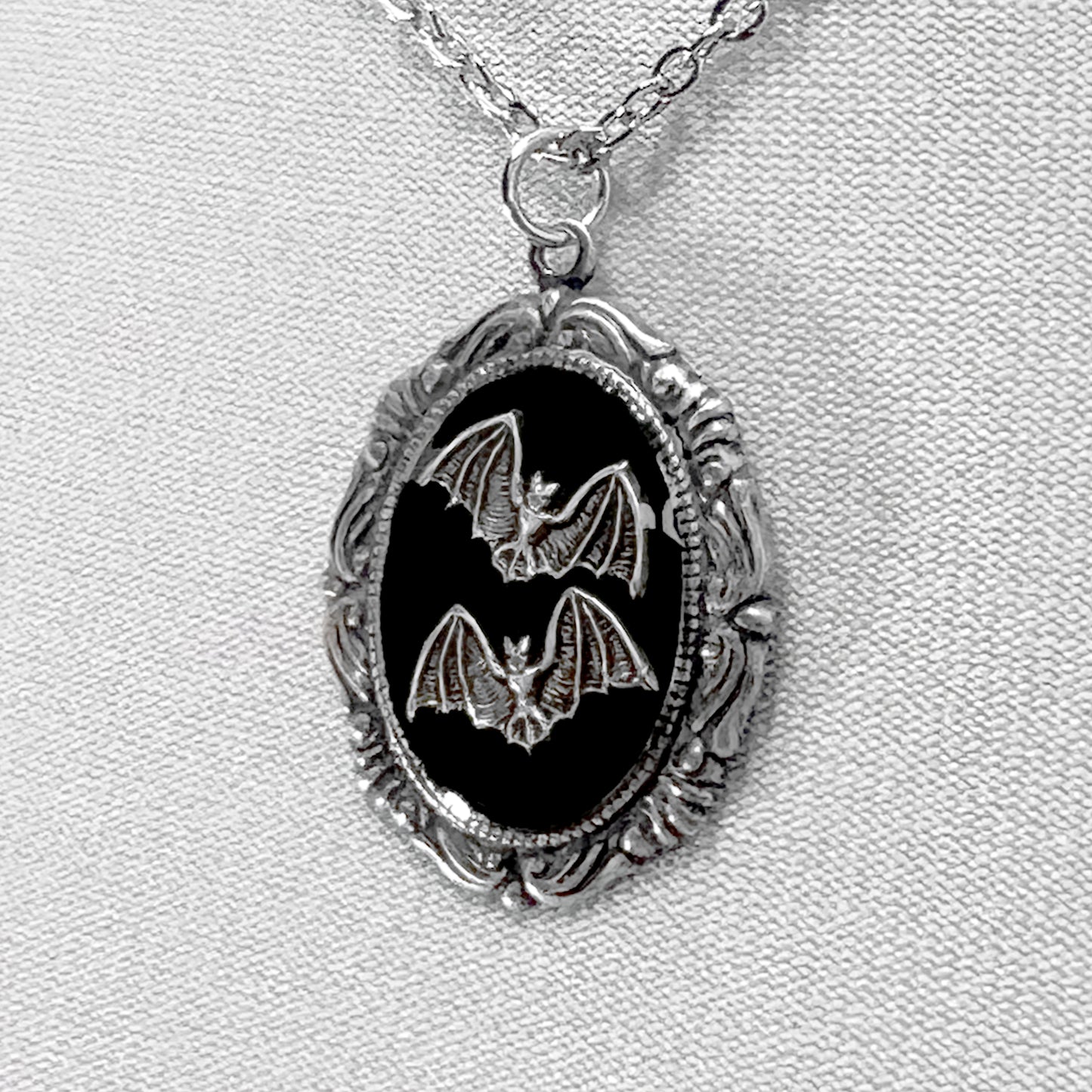 Tiny Silver Bats on Black Victorian Silver Necklace