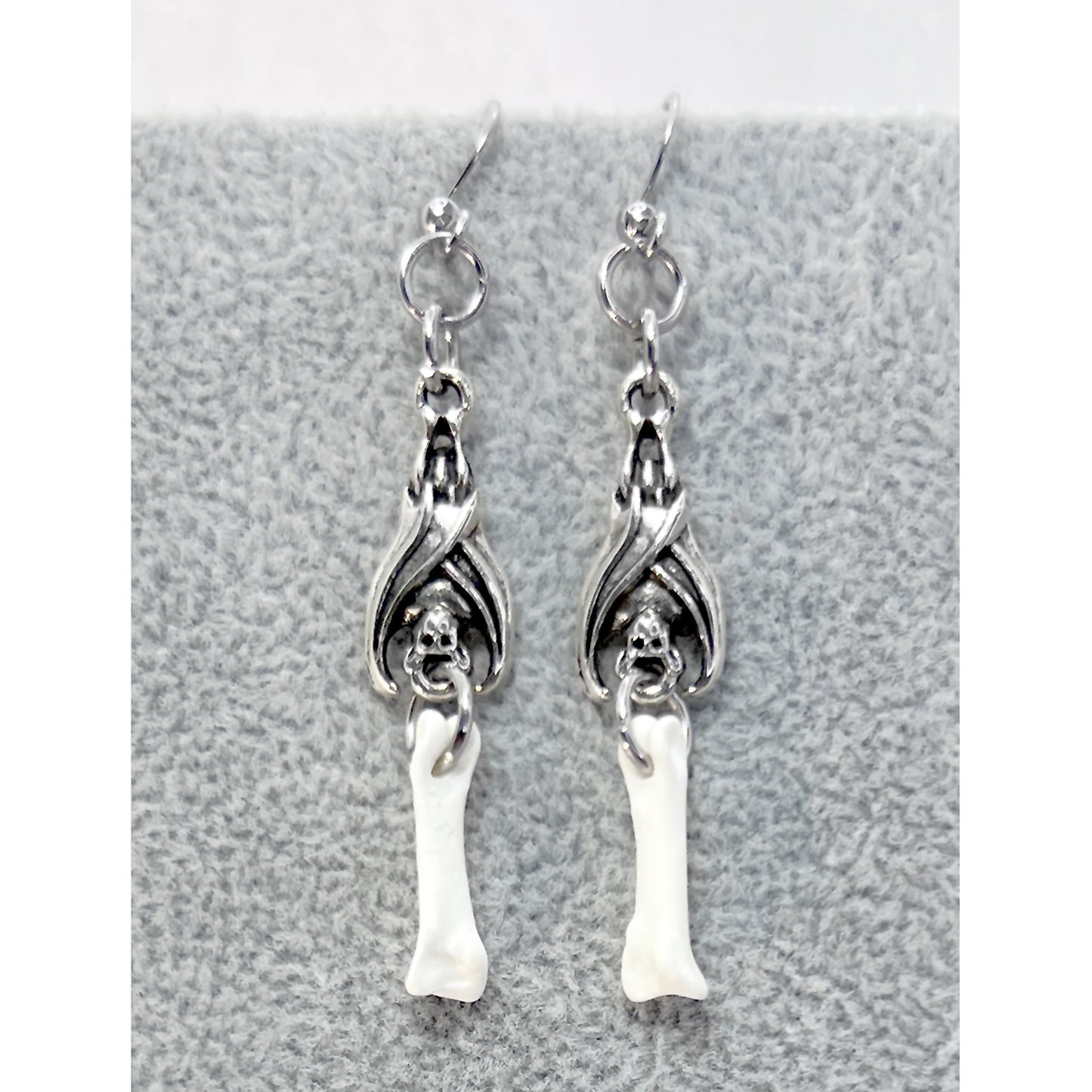 Silver Hanging Bat and Bone Earrings