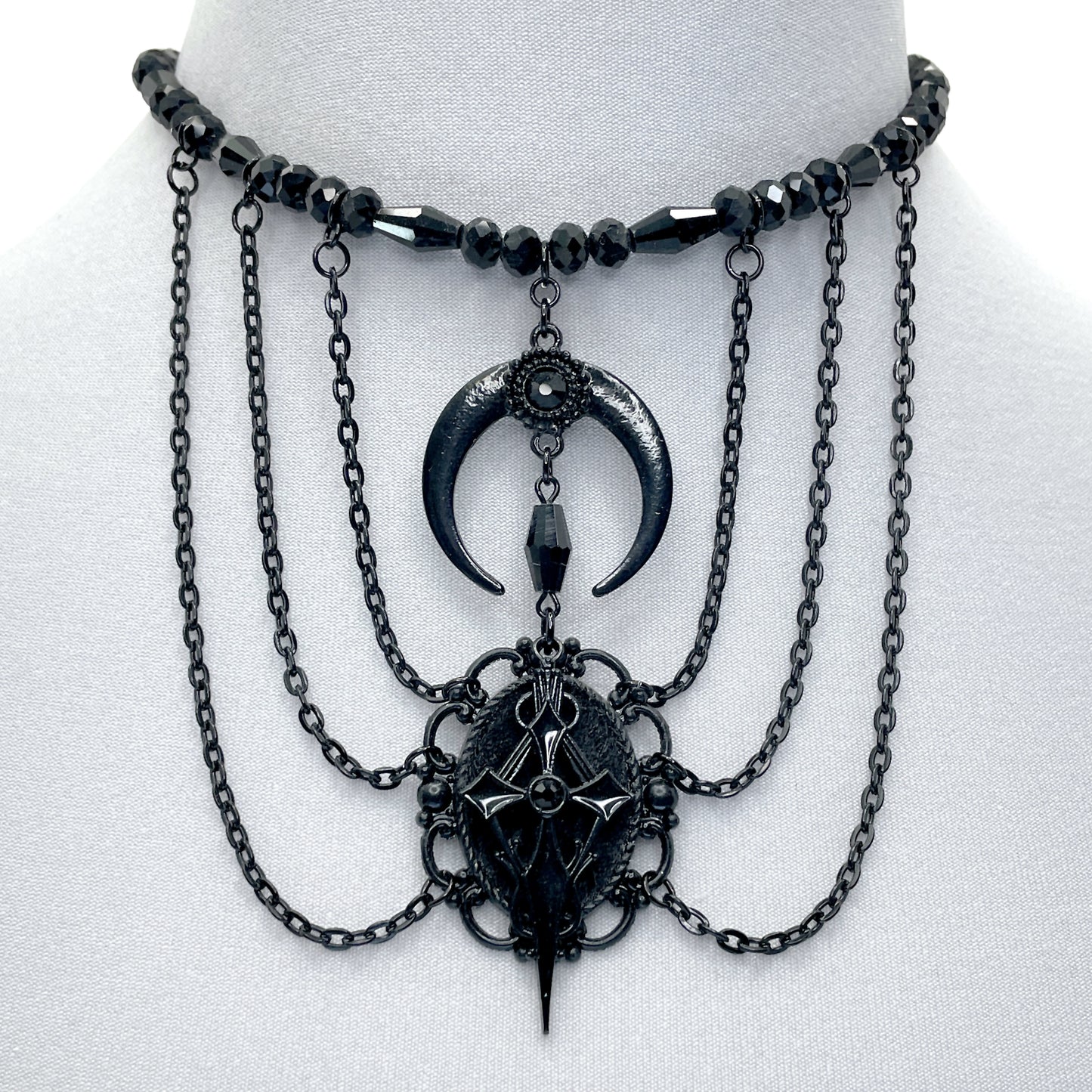 Black Multi-Strand Gothic Necklace with Crescent Moon and Cross